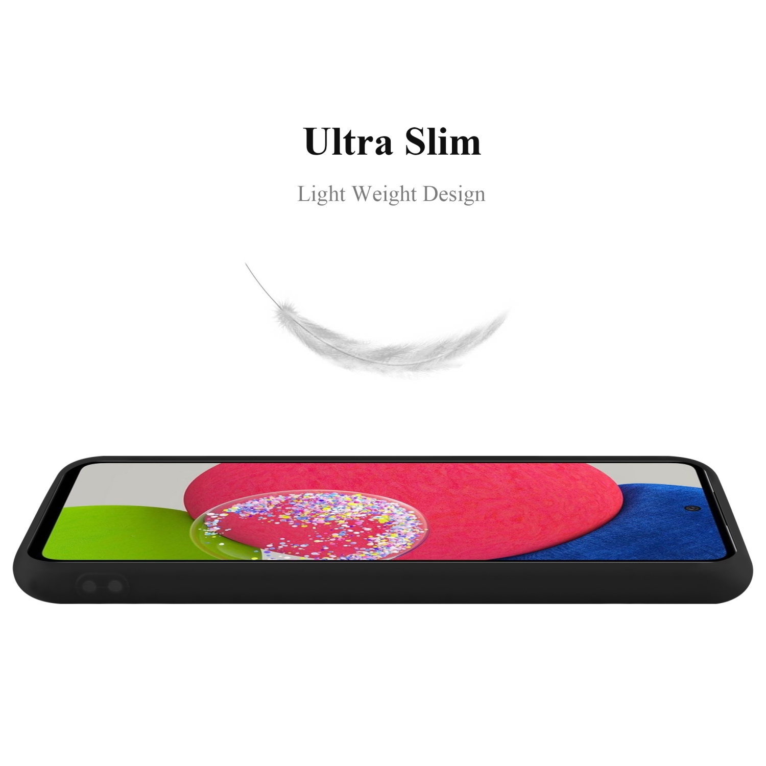 Schwarze Handyhülle mit Telefon. Eine weiße Feder darüber. Text sagt 'Ultra Slim'.