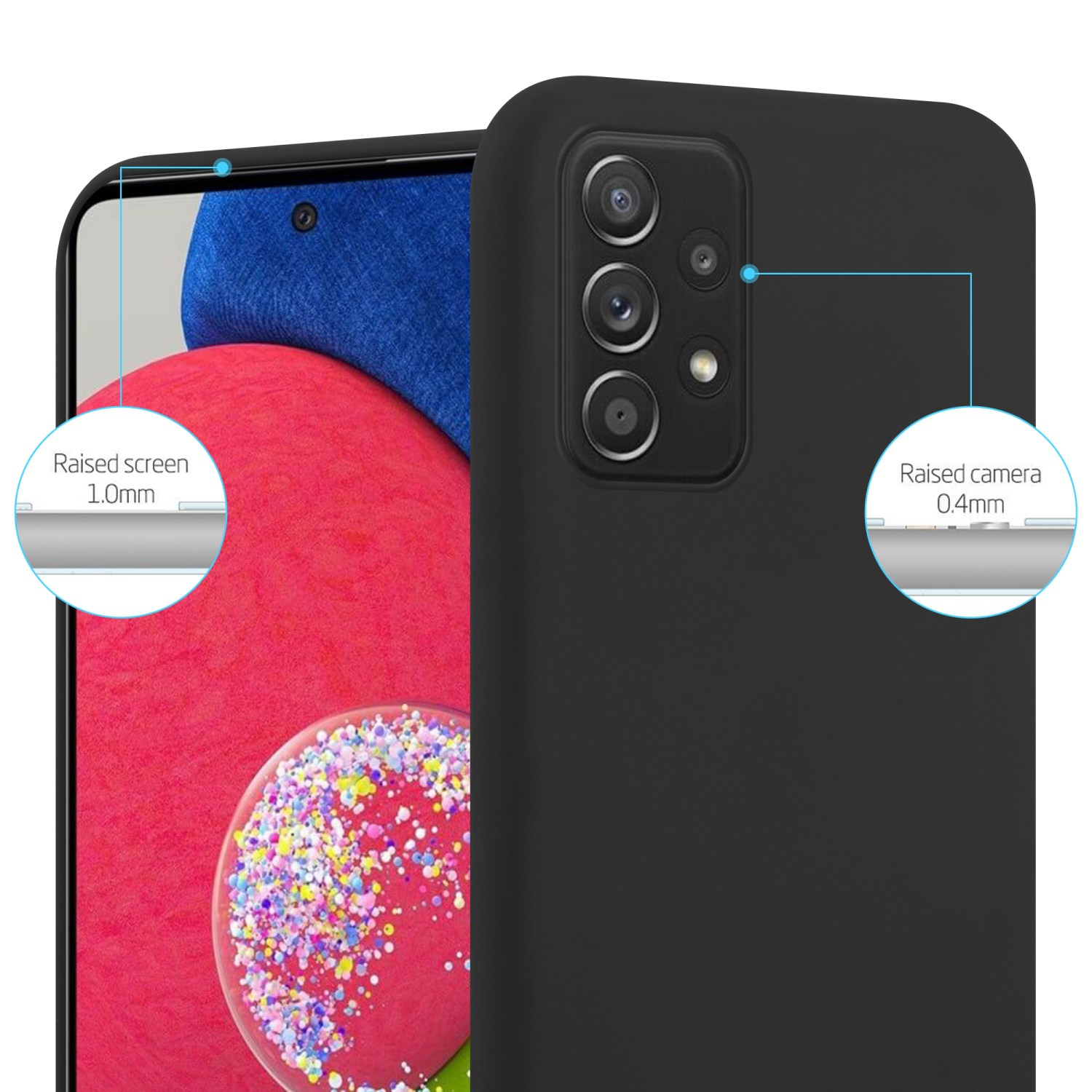 Schwarze Handyhülle auf einem Telefon, Nahaufnahme. Das Telefon hat rote und rosa Farben auf dem Bildschirm.