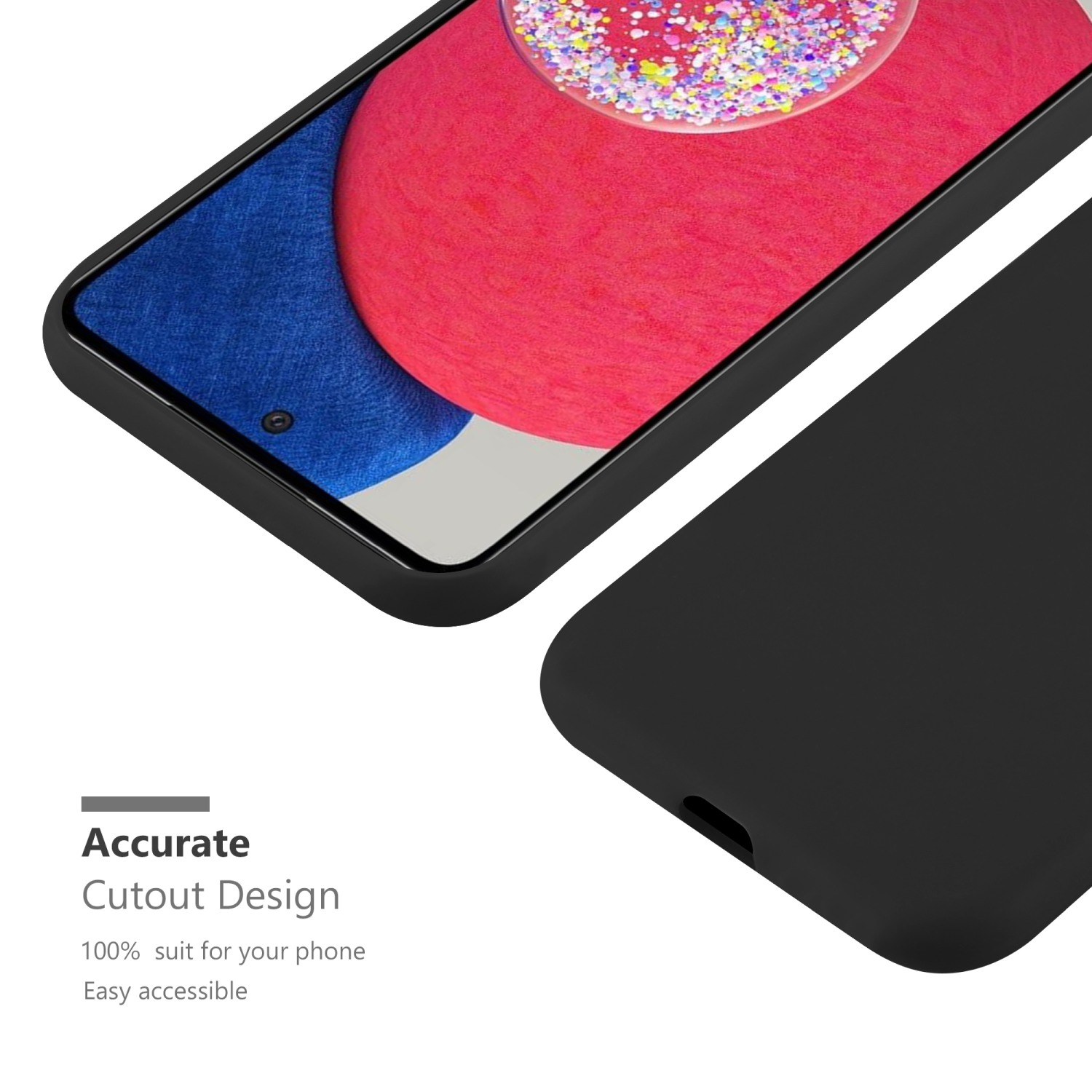Schwarze Handyhülle mit Telefon. Detail des Telefons im Hintergrund.