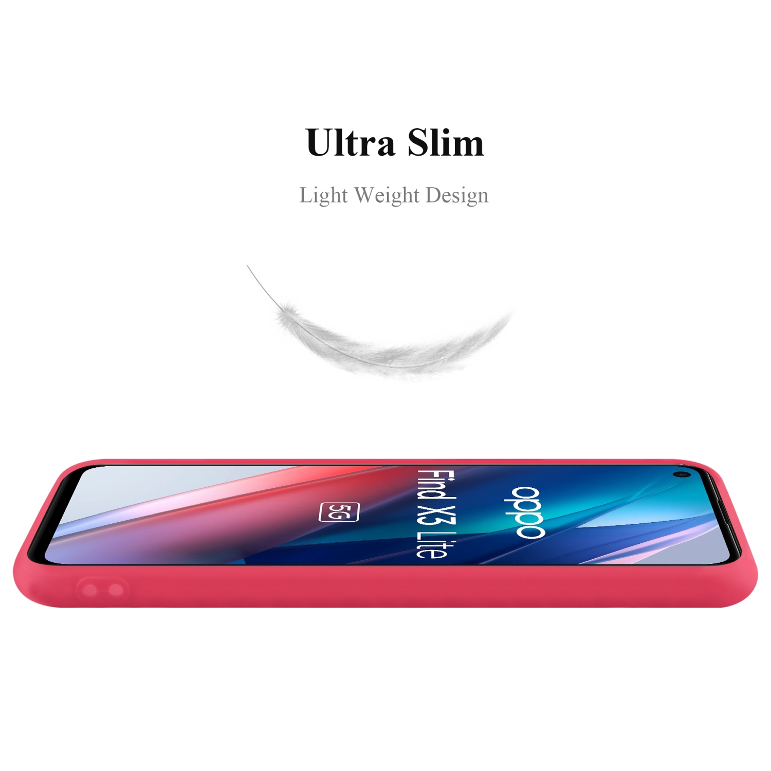 Una custodia per telefono rossa con un telefono all'interno, con una piuma che fluttua sopra. La custodia è ultrasottile.
