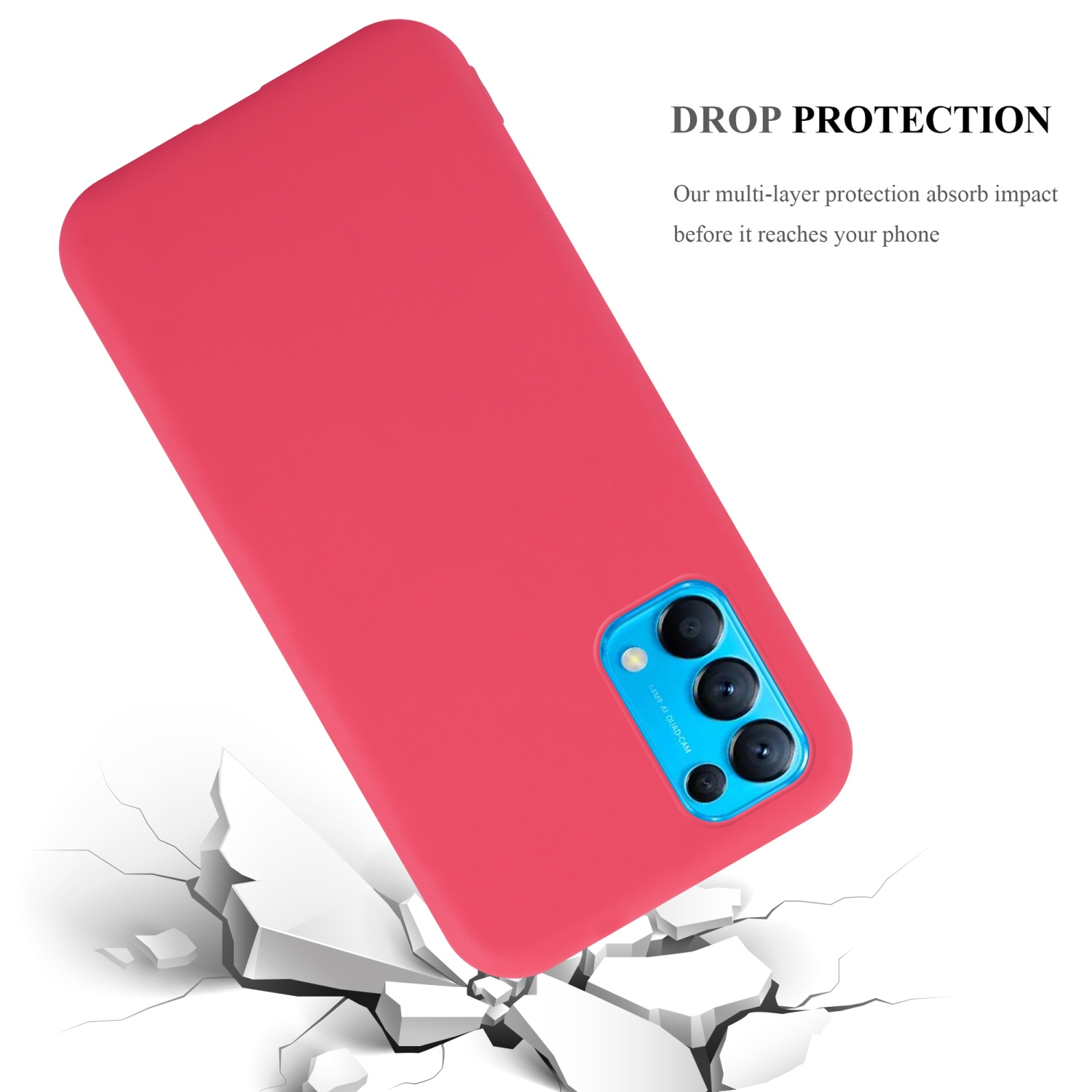 Custodia per telefono rossa con modulo fotocamera. L'illustrazione è su sfondo bianco con crepe.