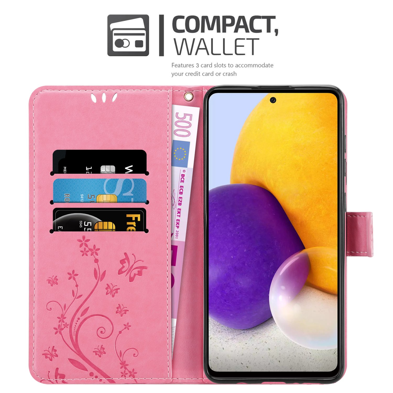 Custodia rosa per telefono aperta con telefono, carte di credito e denaro all'interno. Testo: Compatto, Portafoglio. Design floreale.