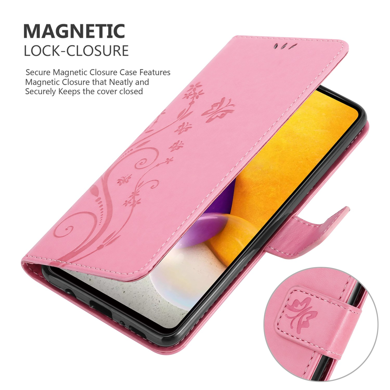 Custodia per telefono rosa aperta, con un design floreale. La custodia è aperta, mostrando un telefono.