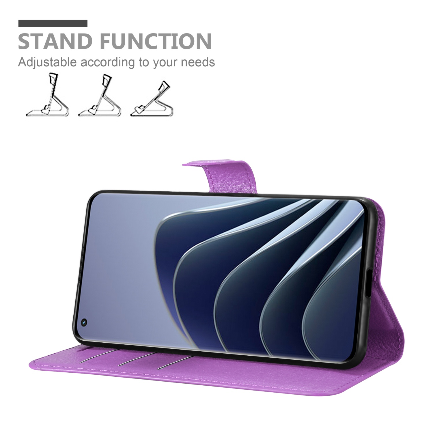 Custodia viola con funzione supporto. Telefono all'interno, rivolto in avanti. Sfondo bianco. Icona della funzione stand.