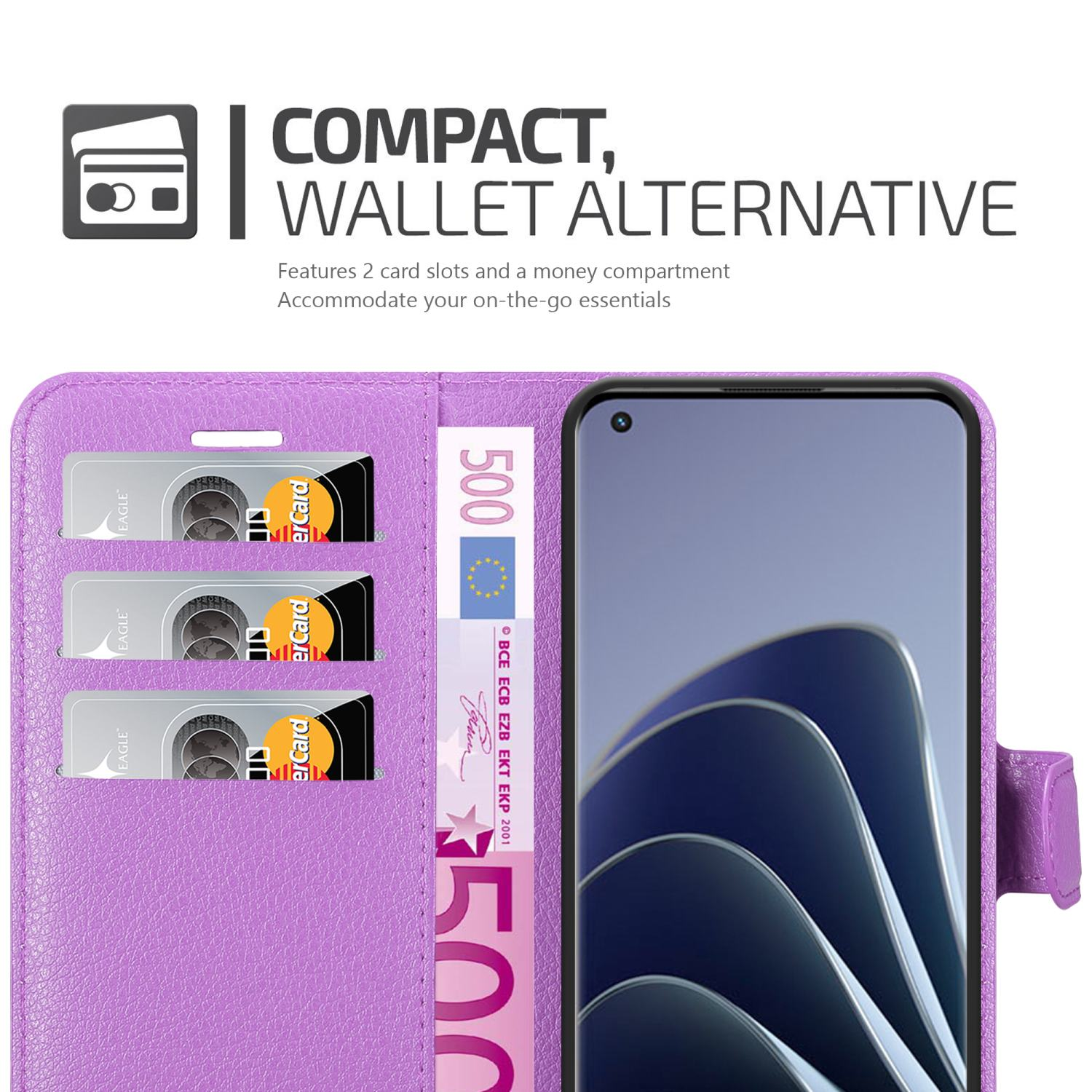 Custodia per telefono viola con scomparti per carte, denaro e un telefono all'interno. Testo: Alternativa portafoglio compatto.