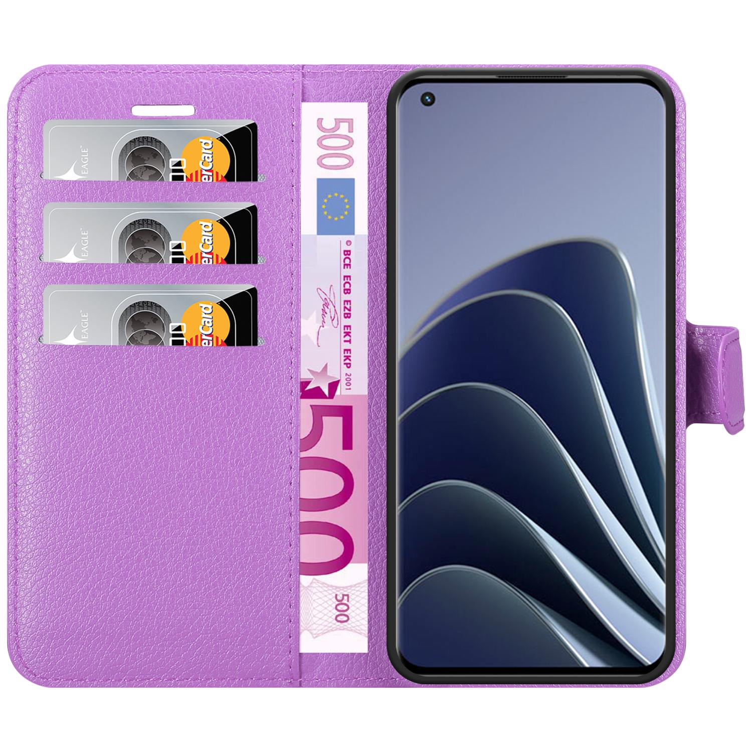 Custodia a portafoglio viola con carte e denaro all'interno. Il telefono è visibile.