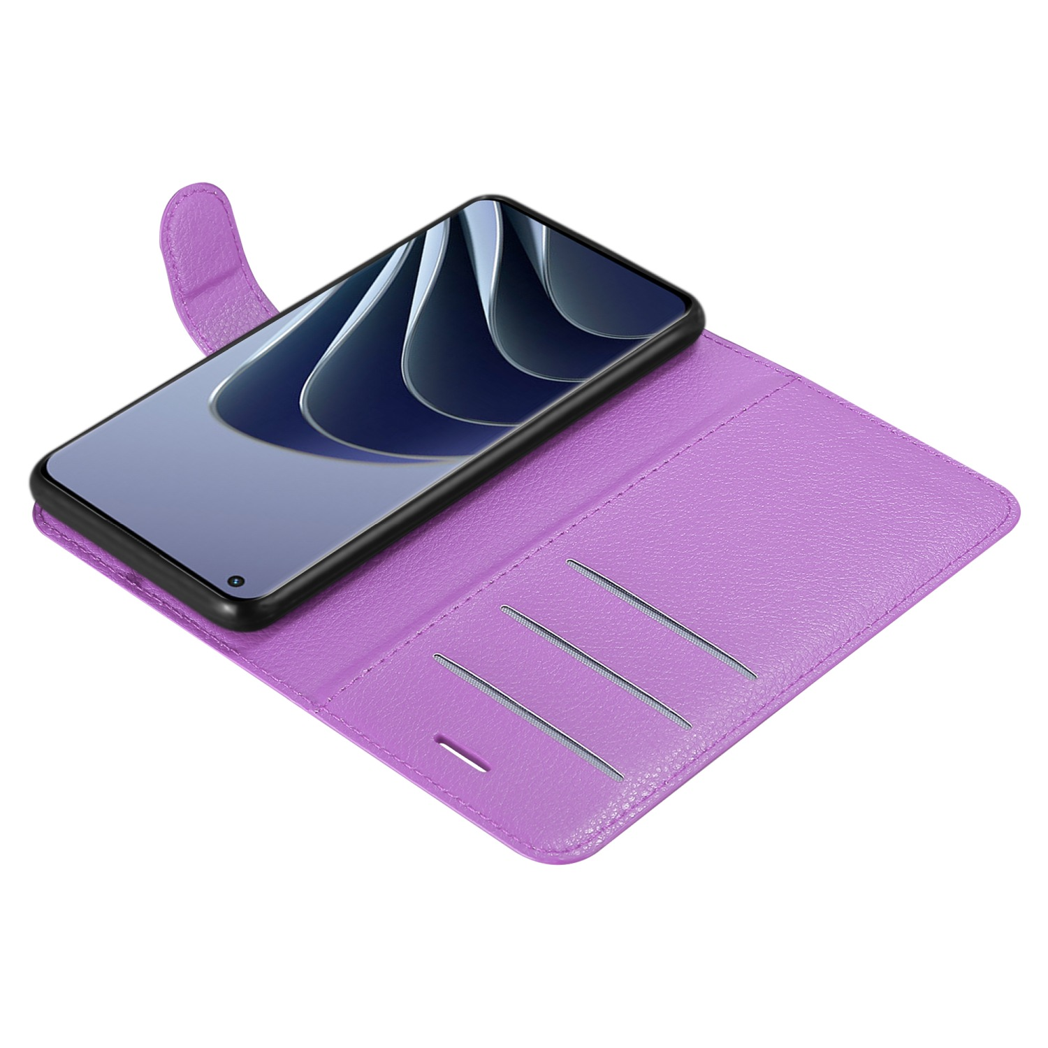 Custodia per telefono viola con telefono all'interno, aperta su sfondo bianco.