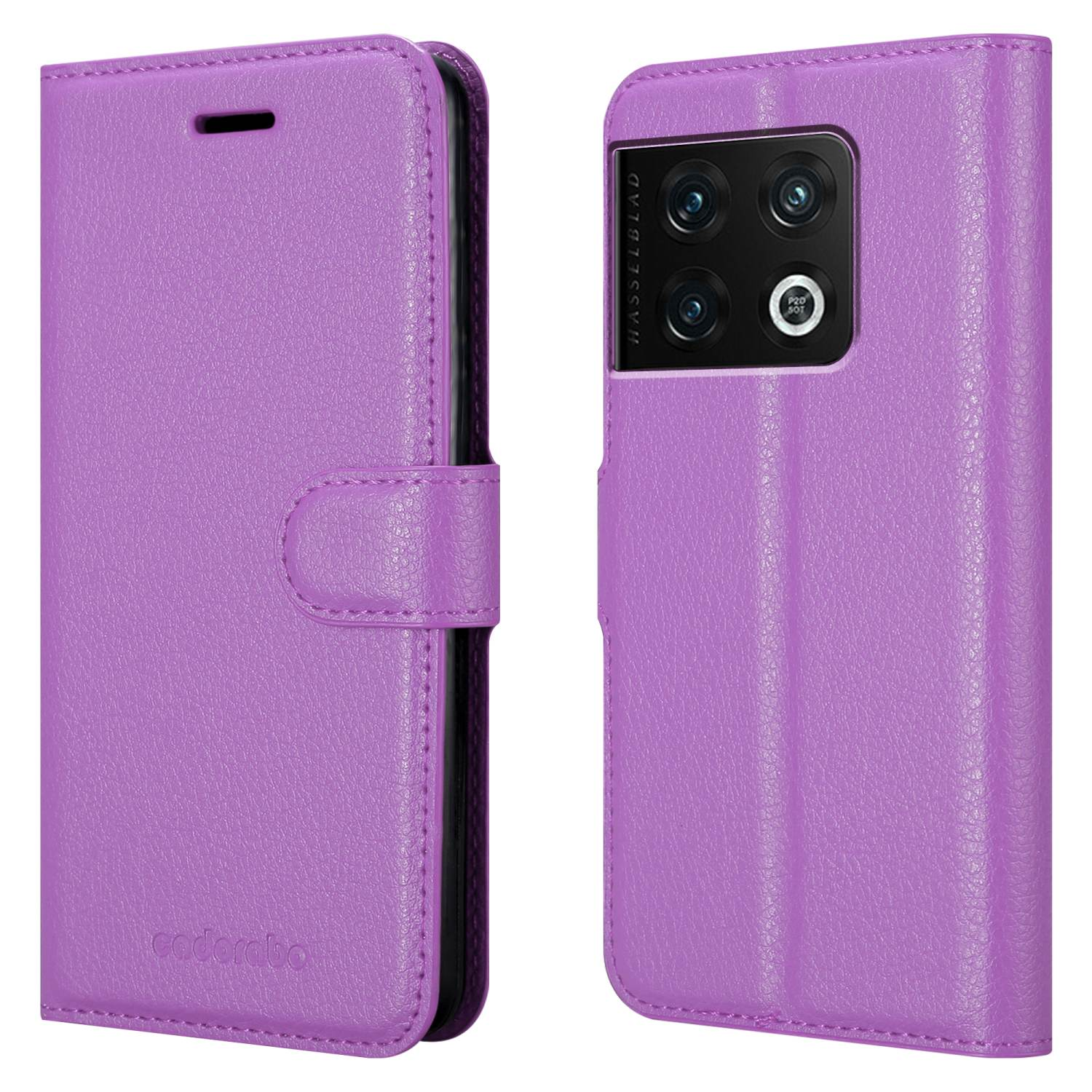 Custodia per telefono viola, due viste, che mostra la custodia chiusa e quella aperta.