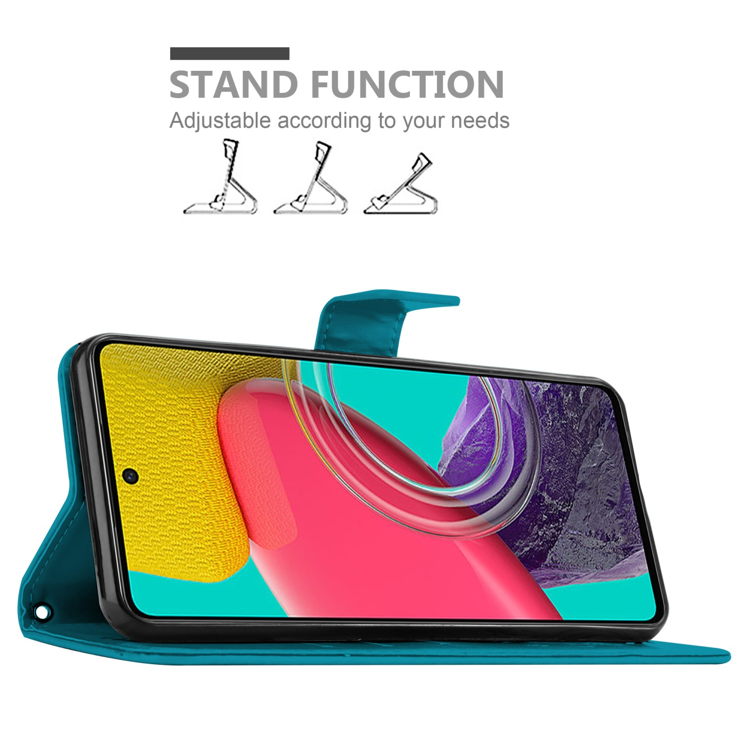 Custodia per telefono color verde acqua, con un telefono all'interno. Si menziona la funzione stand.