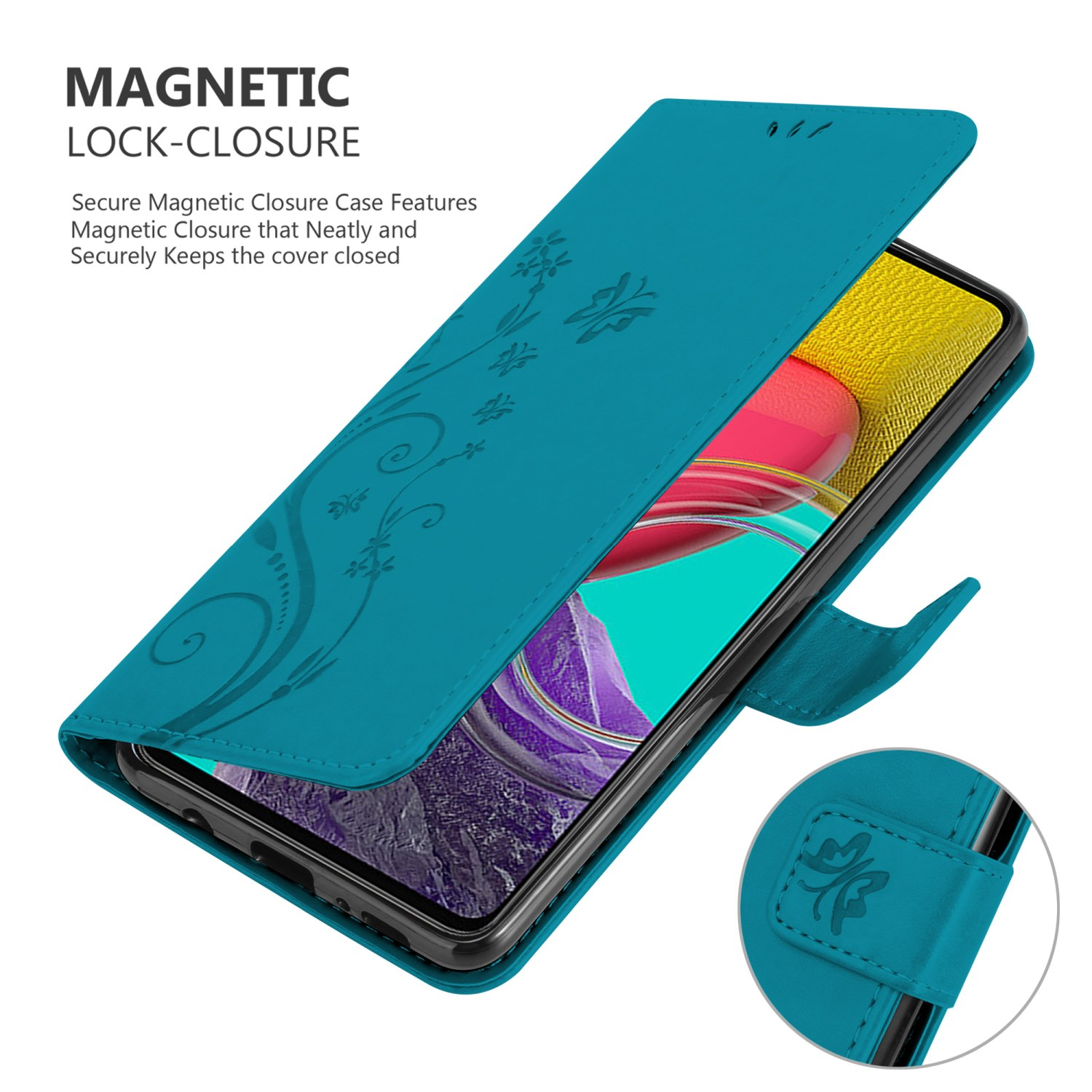 Custodia per telefono turchese con telefono dentro. Design floreale sulla custodia. Testo 'MAGNETIC LOCK-CLOSURE'.