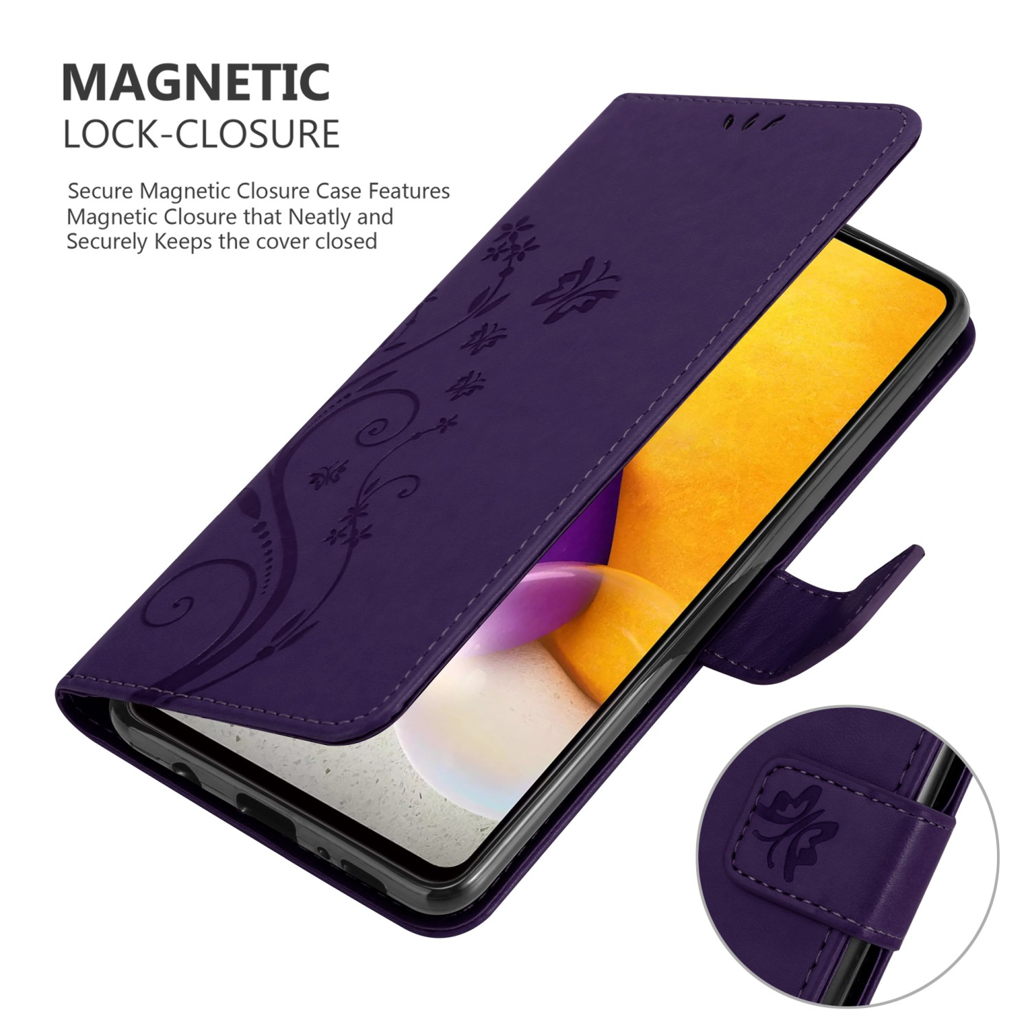 Custodia viola aperta, mostra lo schermo. Design floreale sulla copertina e piccolo dettaglio.