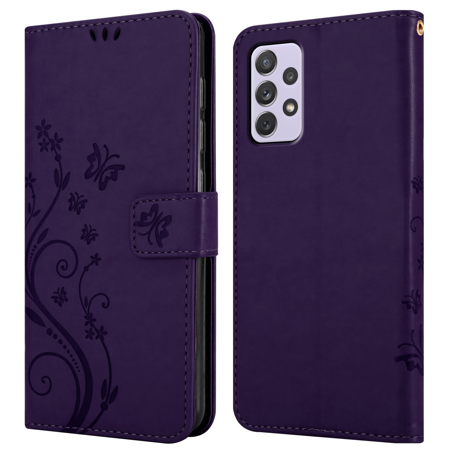 Custodia per telefono viola con un design floreale. Custodia chiusa con fiori in rilievo. Custodia aperta con telefono visibile.