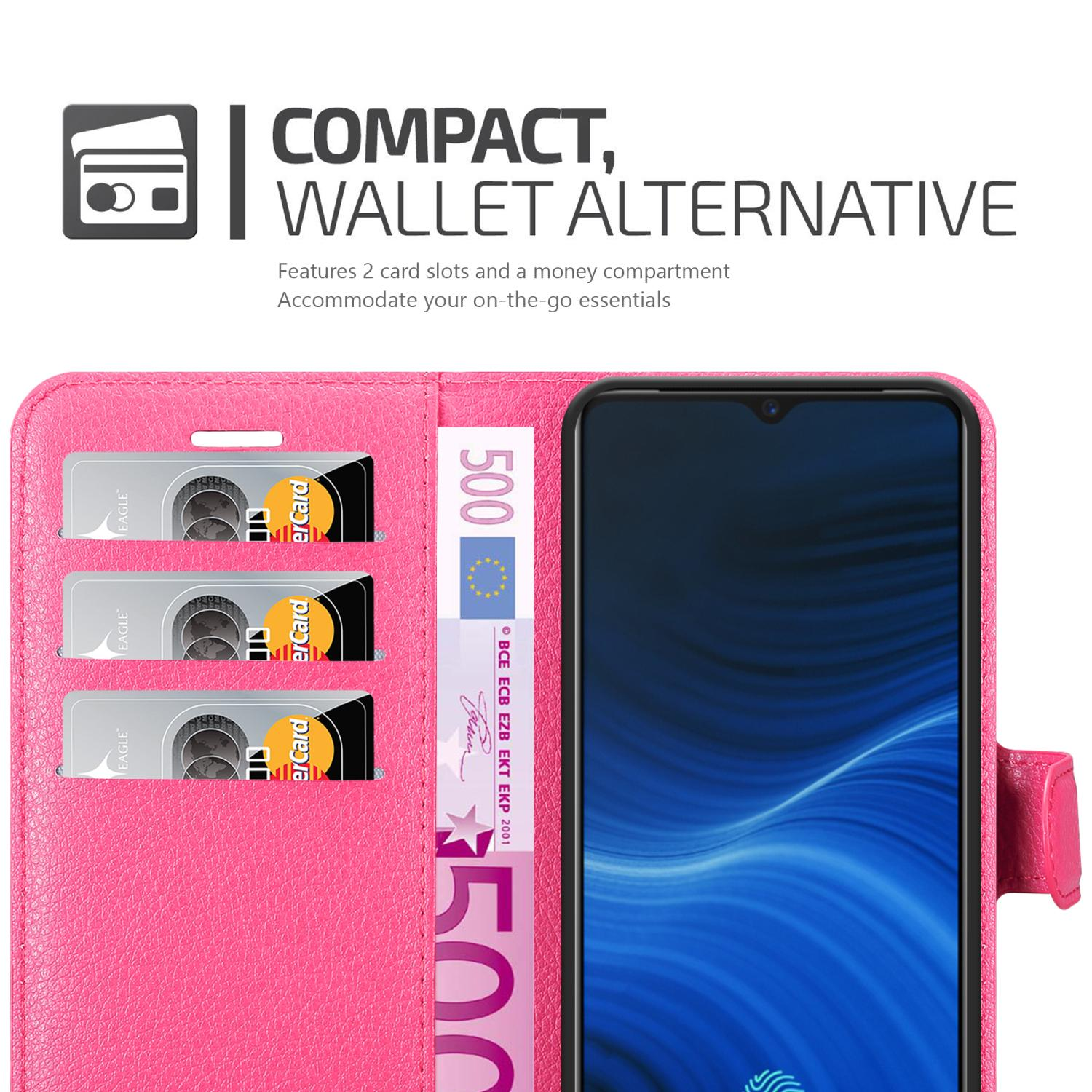 Custodia a portafoglio rosa con carte e denaro. Con fessure e scomparto.