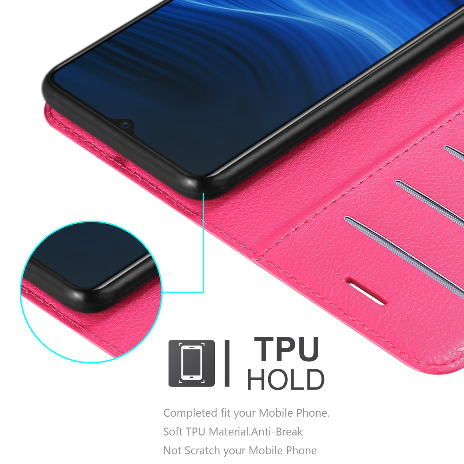 Una custodia rosa aperta con un telefono nero all'interno. Il telefono è nella parte superiore della custodia.