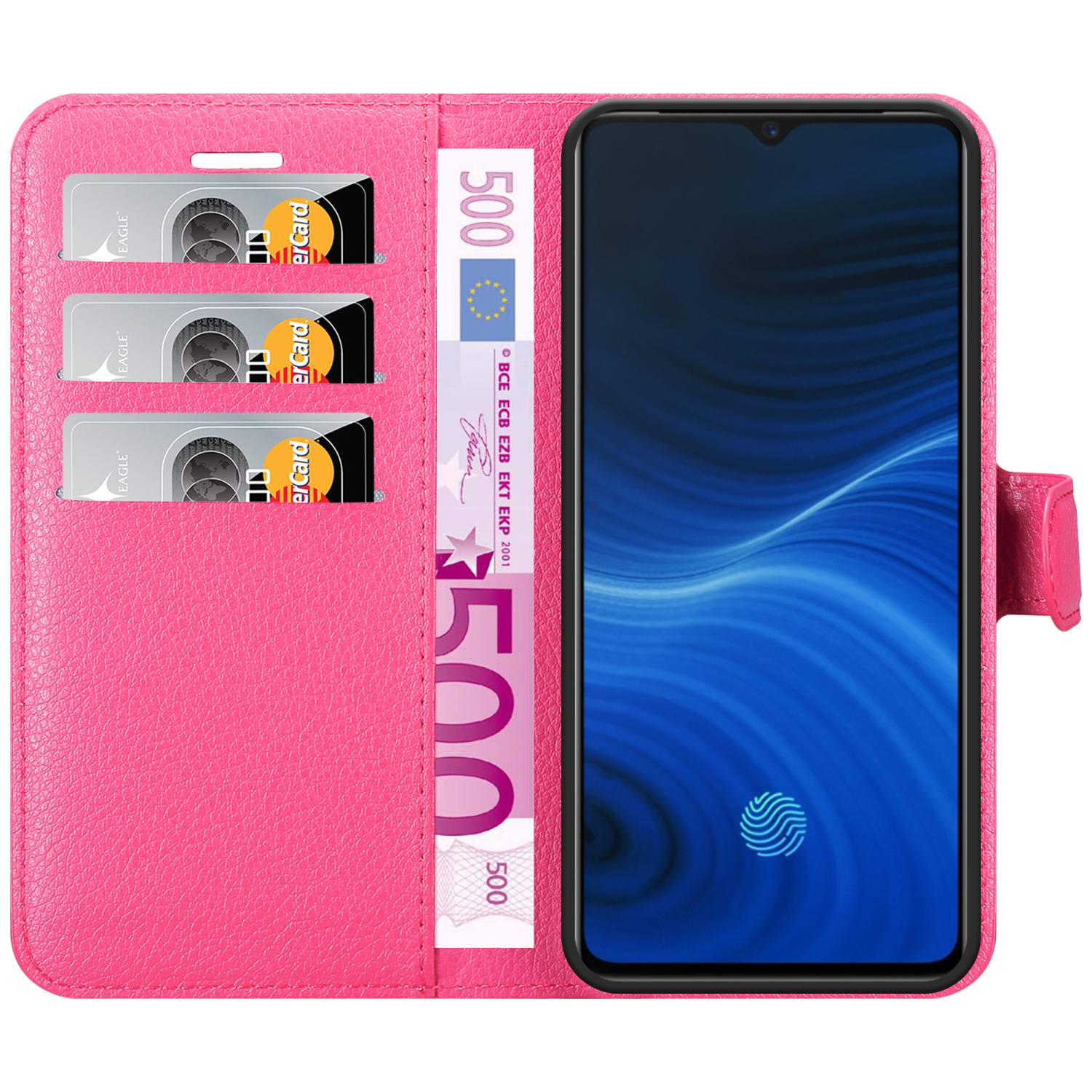 Custodia rosa per telefono con fessure per carte e banconote. Il telefono mostra un'impronta digitale blu.