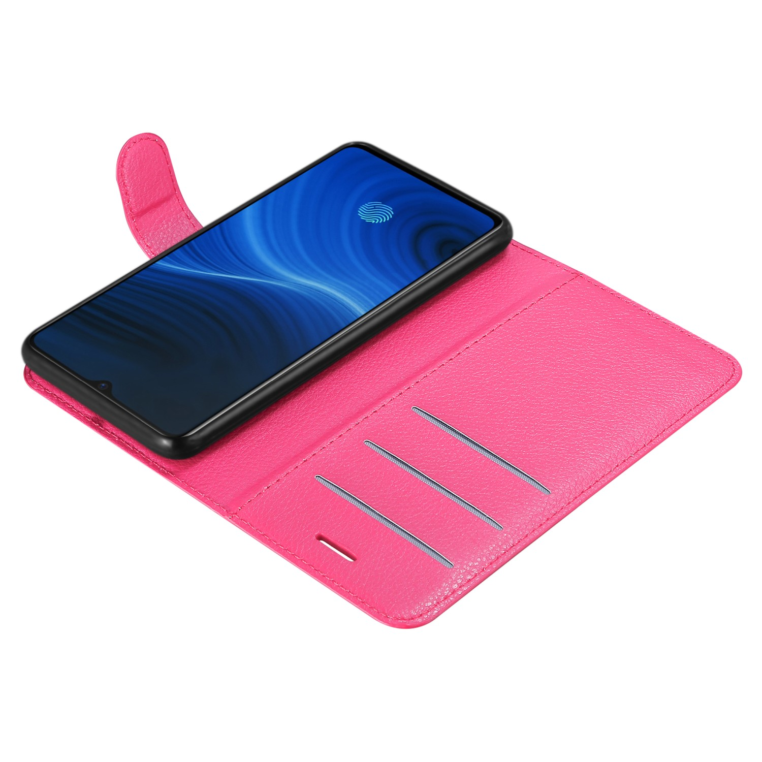 Custodia rosa per telefono con un telefono all'interno. Il telefono ha uno schermo blu con un'icona di impronta digitale.