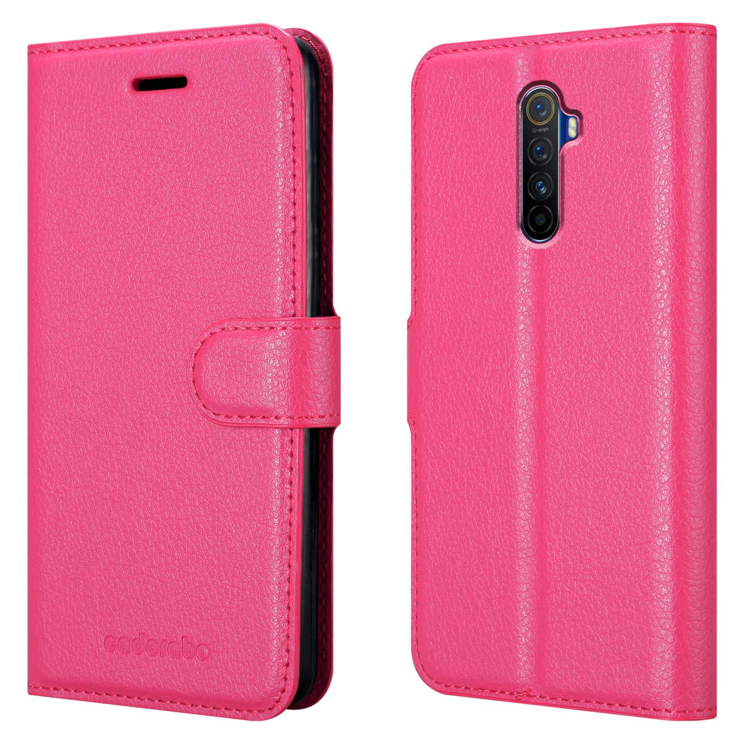 Una custodia per telefono rosa, chiusa e aperta. La custodia aperta rivela un telefono e il suo design.
