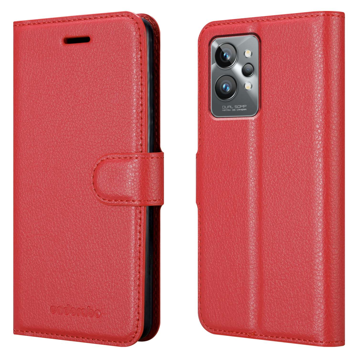 Custodia rossa per telefono, aperta e chiusa, che mostra il design della custodia e il telefono all'interno.