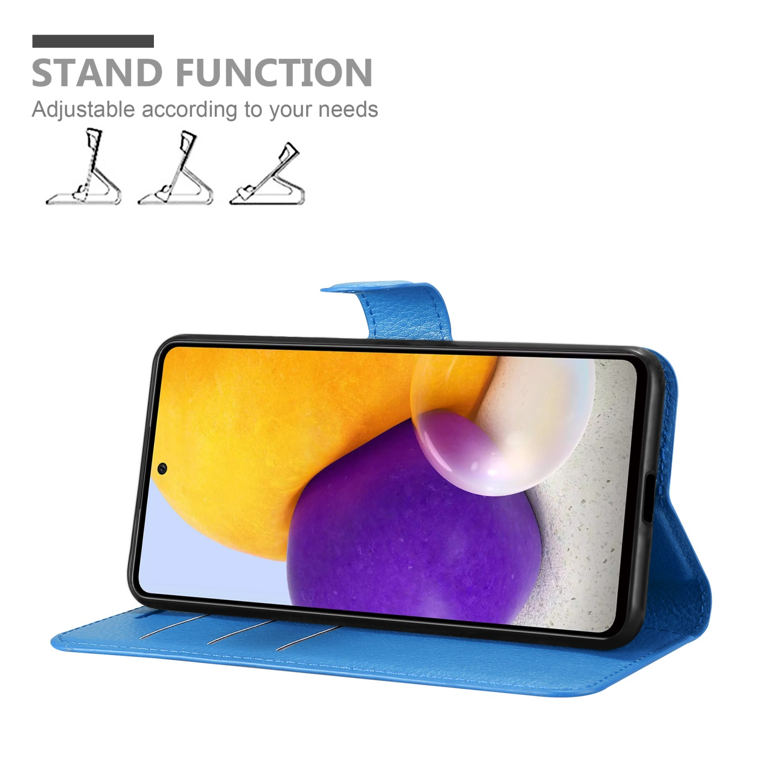 Una custodia per telefono blu con un telefono all'interno, il telefono è puntellato. Icona della funzione stand presente.