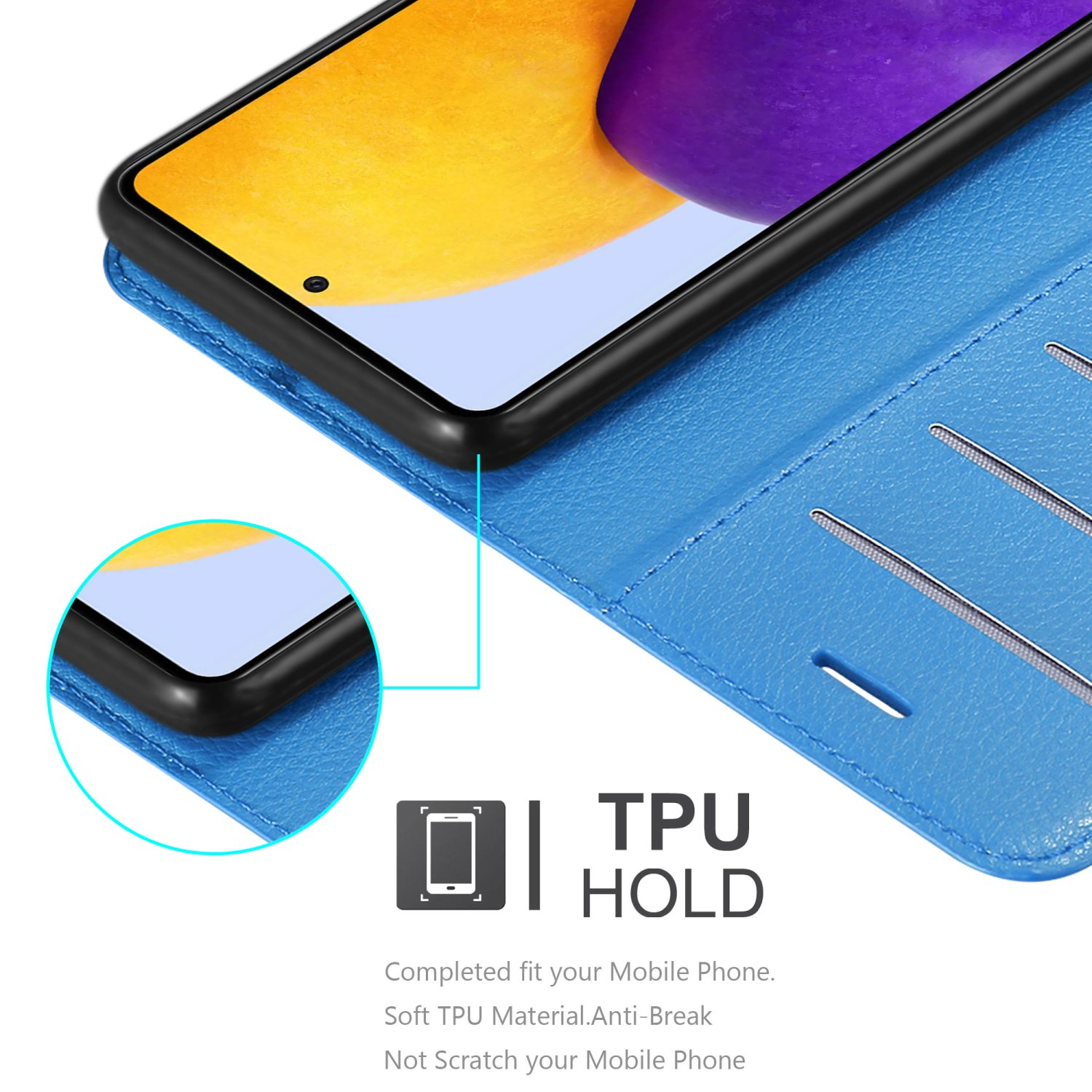 Un telefono nero in una custodia in pelle blu, con slot per carte e supporto in TPU.