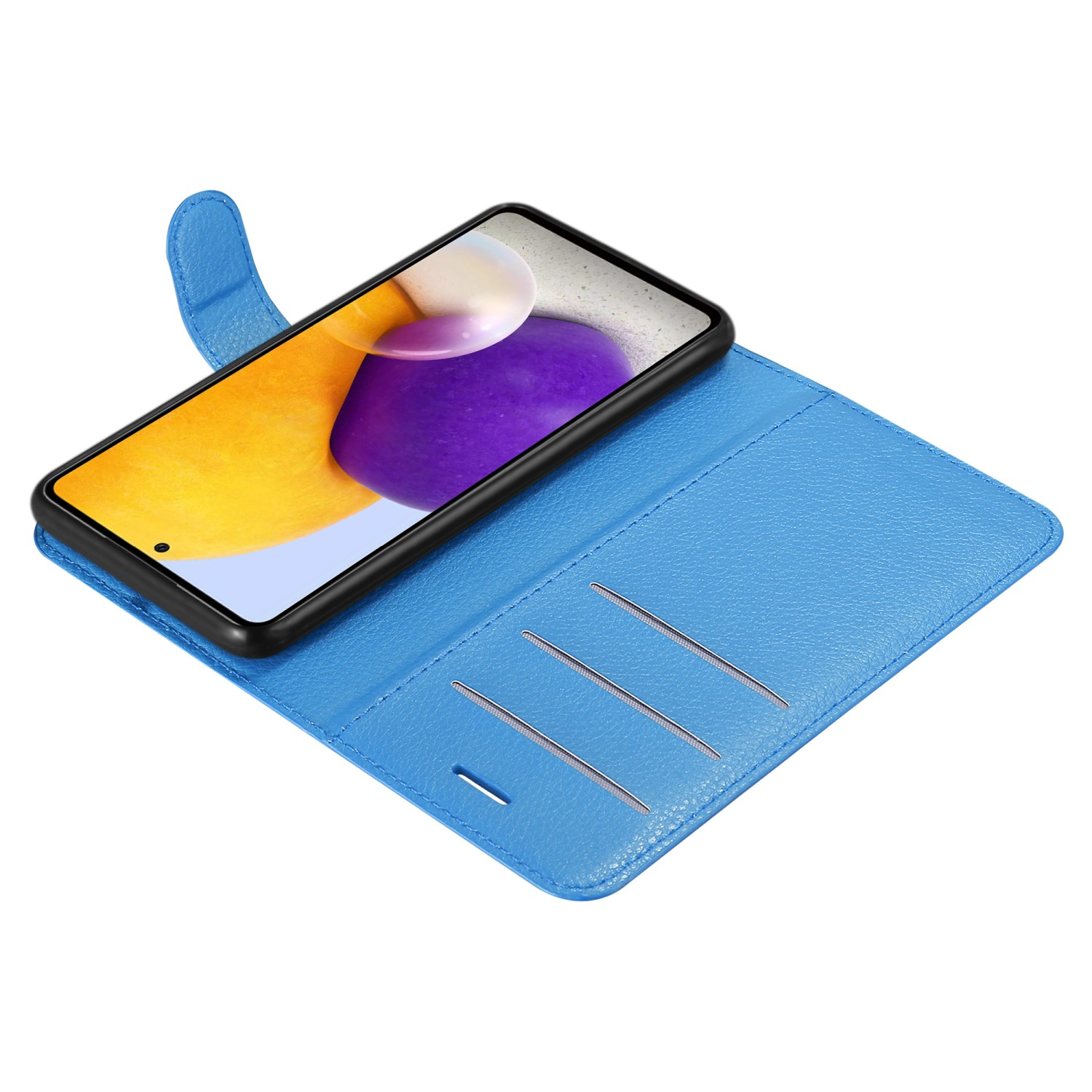 Custodia blu per telefono con un telefono, il telefono mostra un'immagine colorata.