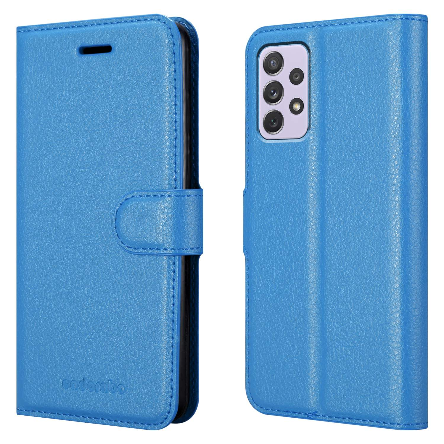 Custodia per telefono in pelle blu con patta. Il telefono non è visibile. Il marchio è in basso a sinistra.