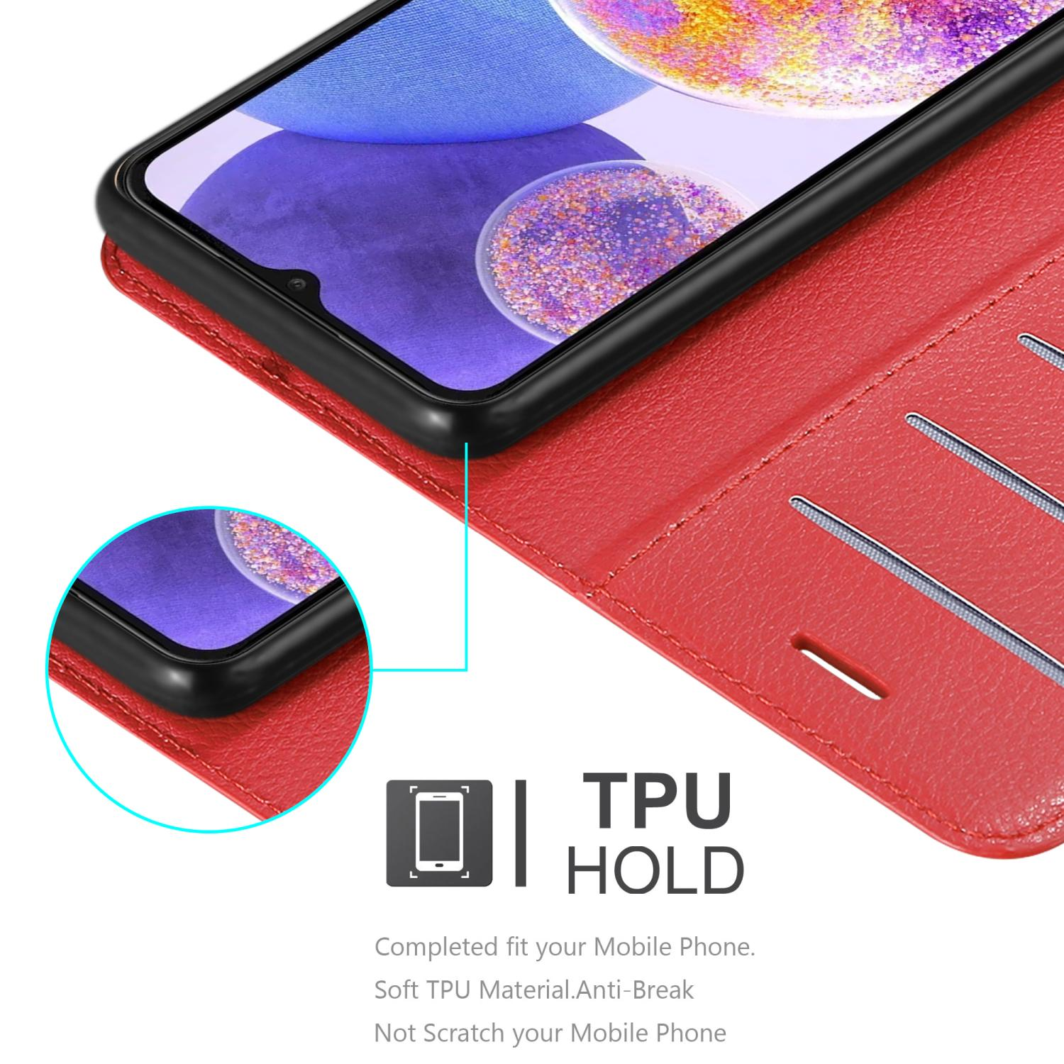 Custodia rossa aperta, con telefono. La custodia ha fessure per carte. Testo: supporto TPU.