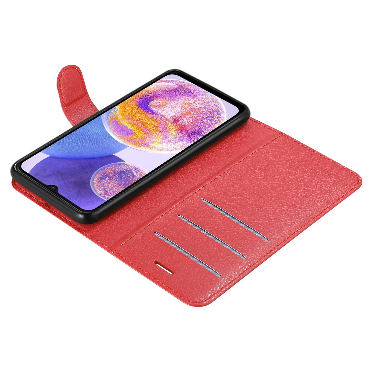 Custodia rossa con telefono all'interno e fessure per carte.