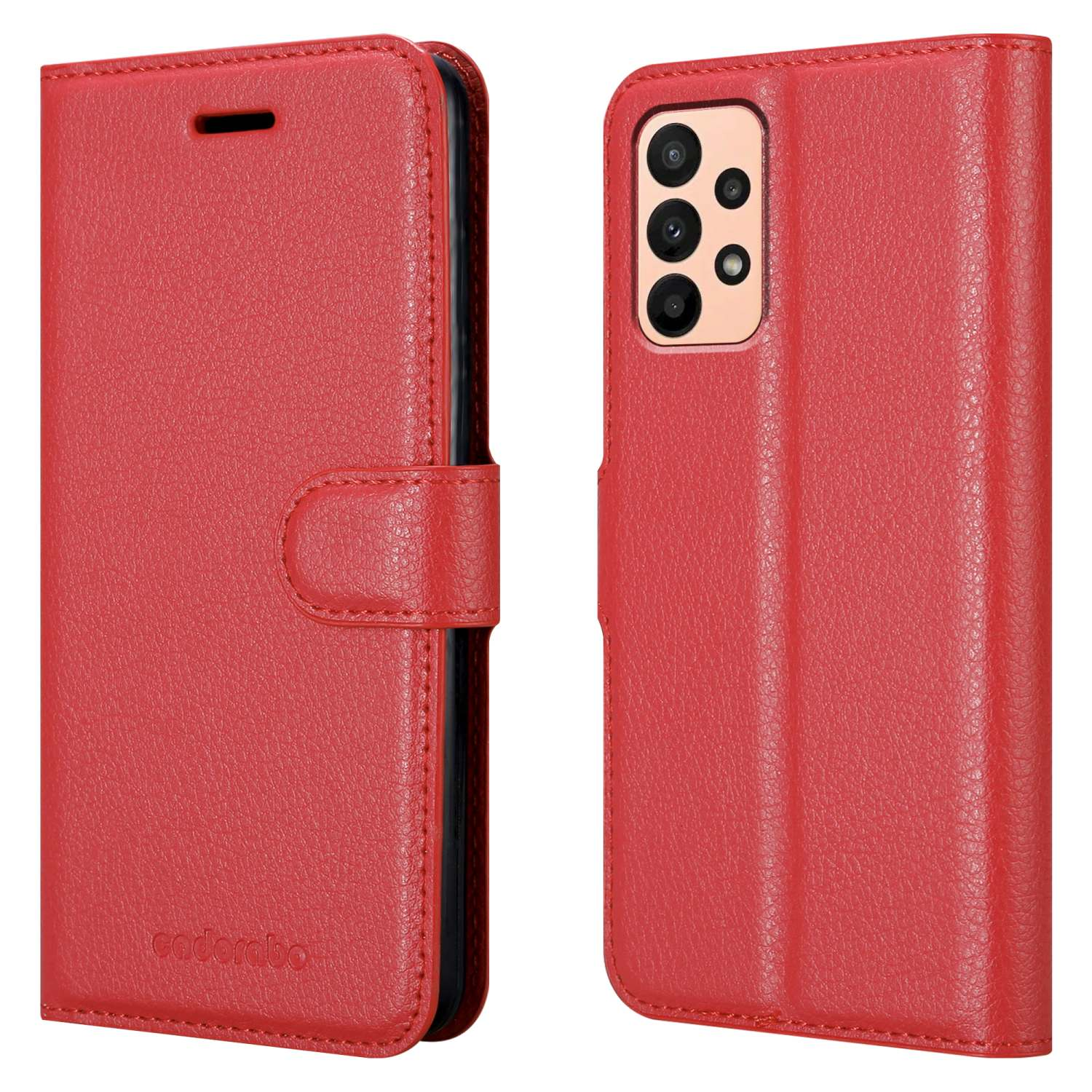 Custodia per telefono rossa. La custodia del telefono è aperta, con chiusura magnetica. Sfondo: superficie bianca.