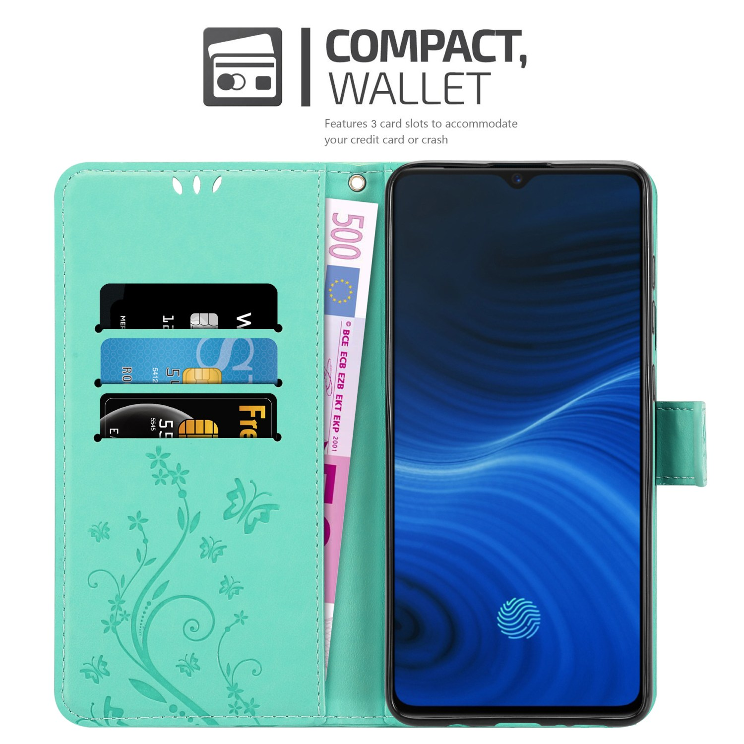 Portafoglio turchese con carte e una banconota da 500 euro all'interno. Schermo del telefono con linee blu. Sfondo bianco.
