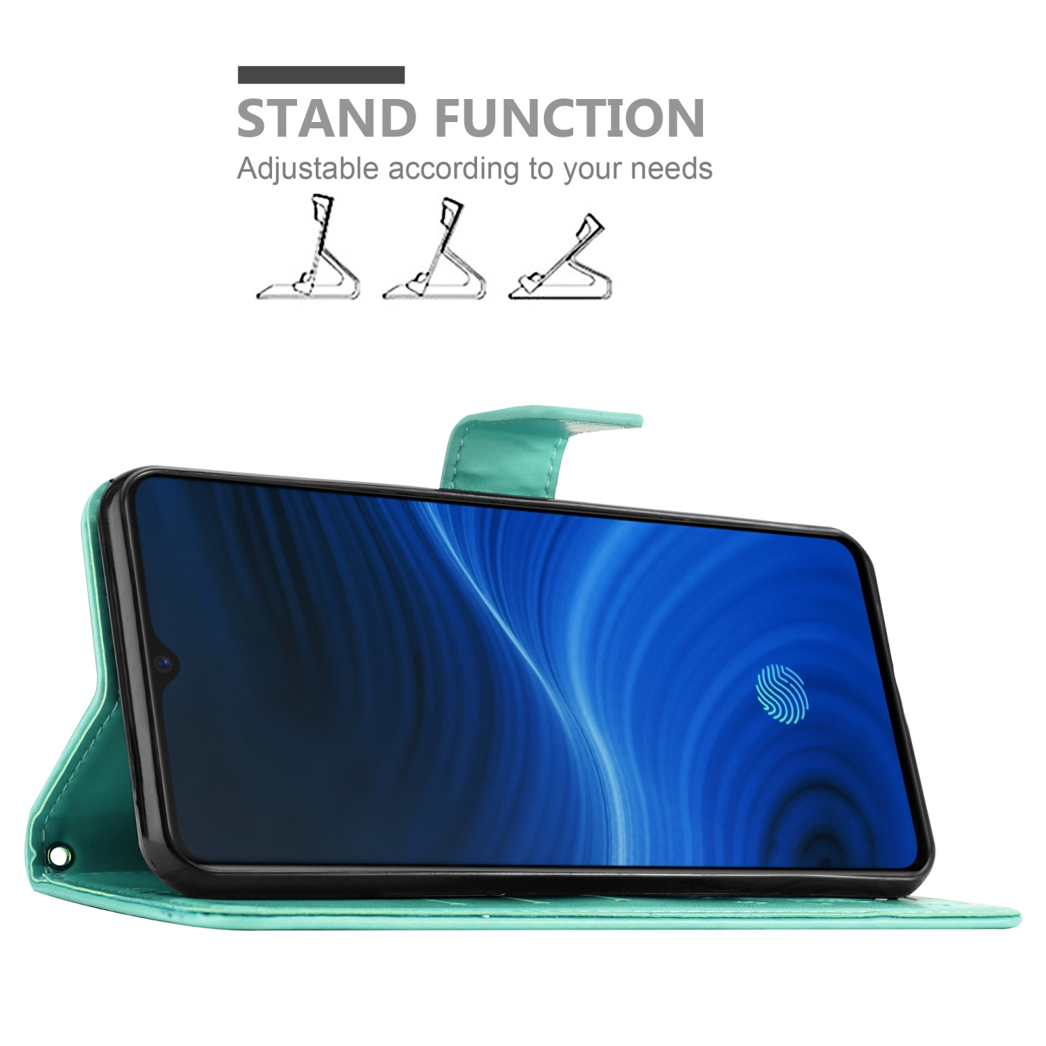 Telefono in una custodia verde acqua, aperto per rivelare lo schermo. Grafica mostra un supporto regolabile.