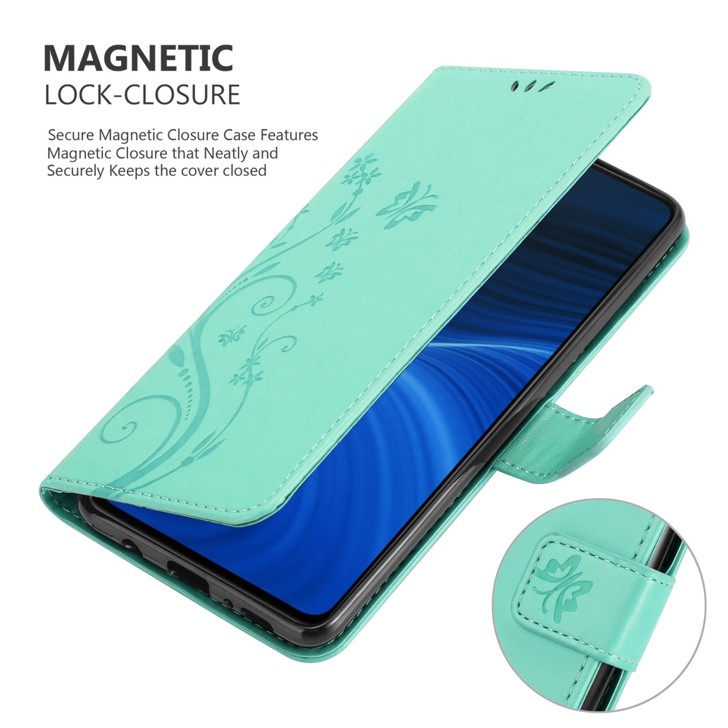 Custodia per telefono verde acqua, aperta per mostrare il telefono. Testo: CHIUSURA MAGNETICA. Caratteristiche della custodia con chiusura magnetica sicura.