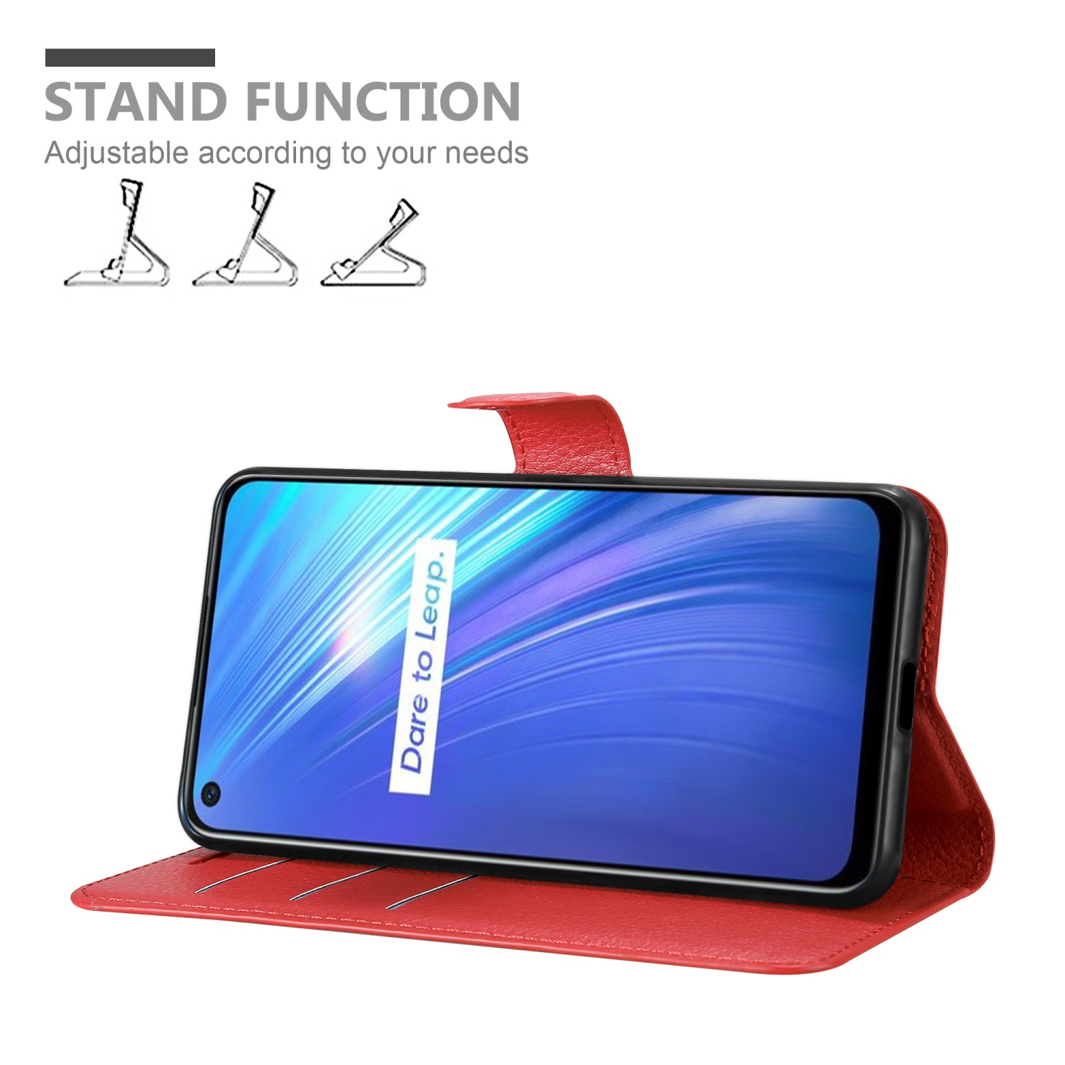 Custodia rossa per telefono in posizione stand, schermo del telefono visibile, testo: Funzione stand, regolabile.