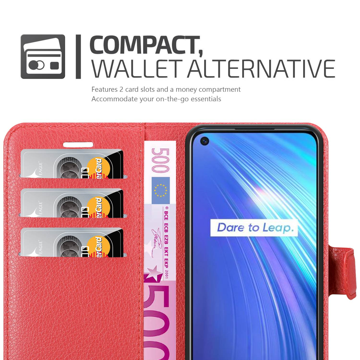 Custodia rossa con telefono. Slot per carte e scomparto per soldi visibili. Sfondo bianco.