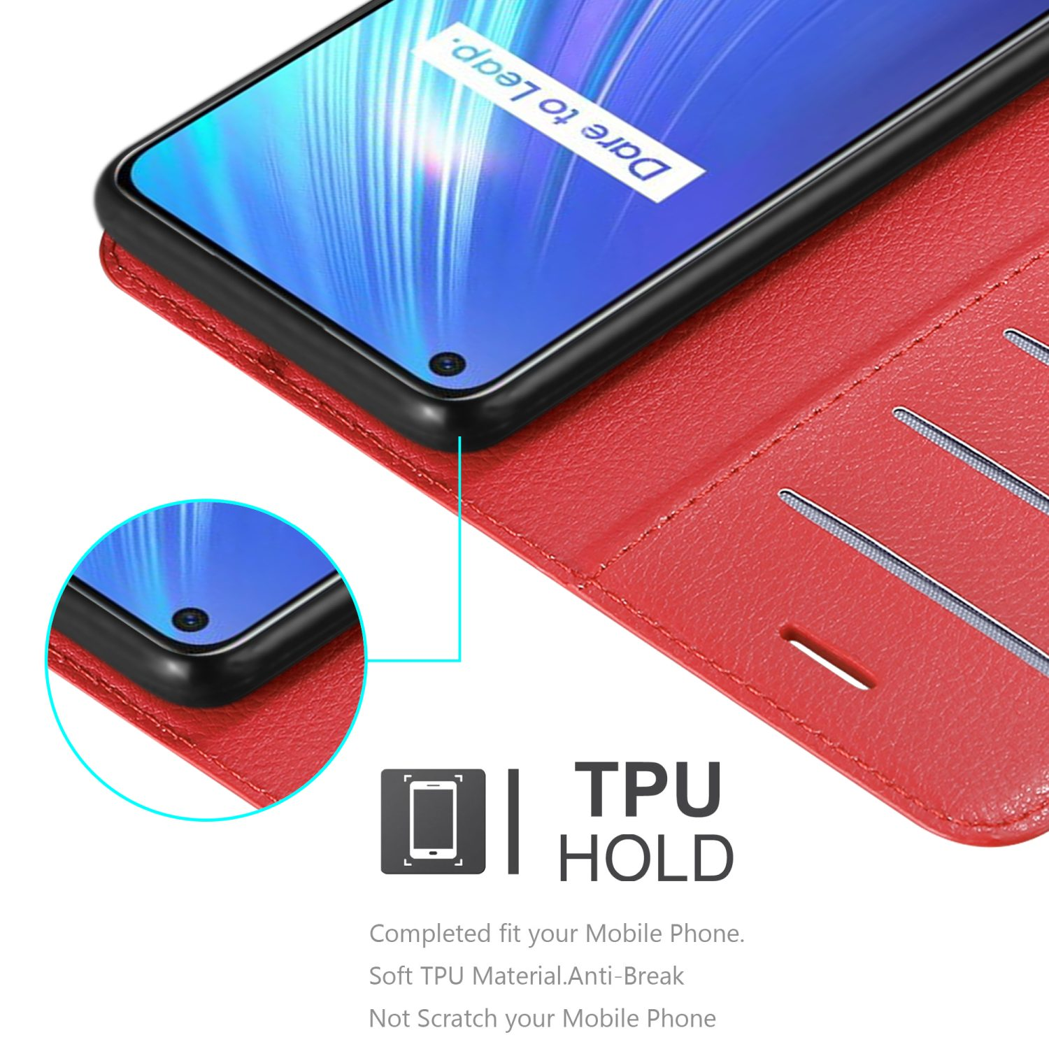 Custodia per telefono rossa con telefono all'interno, testo: TPU HOLD. Adattamento completo per il tuo cellulare.