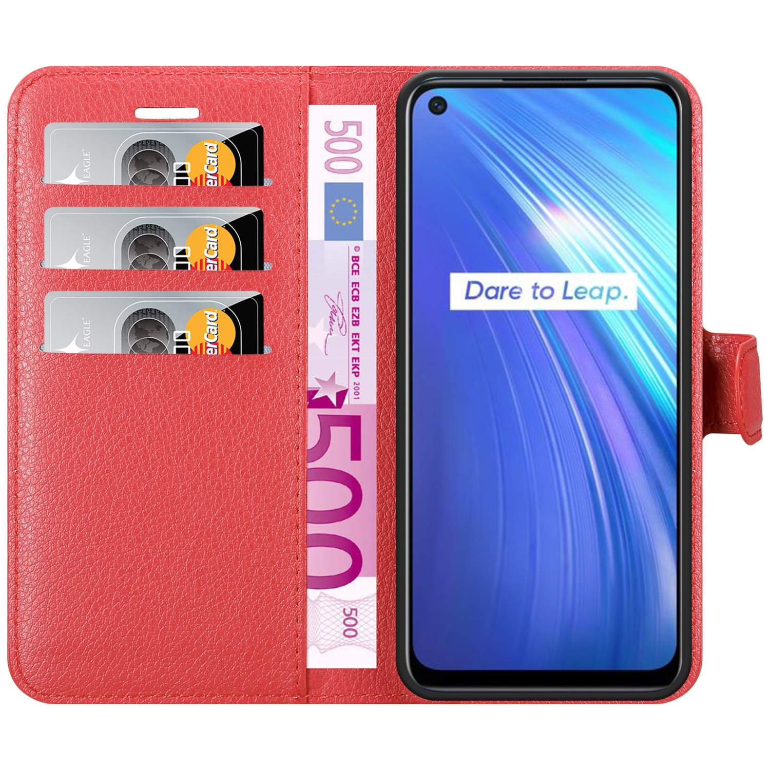 Custodia rossa aperta, con carte e denaro all'interno. Lo schermo dice: Dare to Leap.