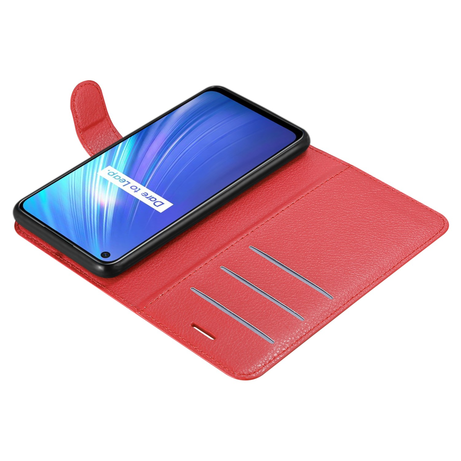 Custodia per telefono rossa, aperta, con un telefono all'interno. Sono visibili tre fessure per carte.