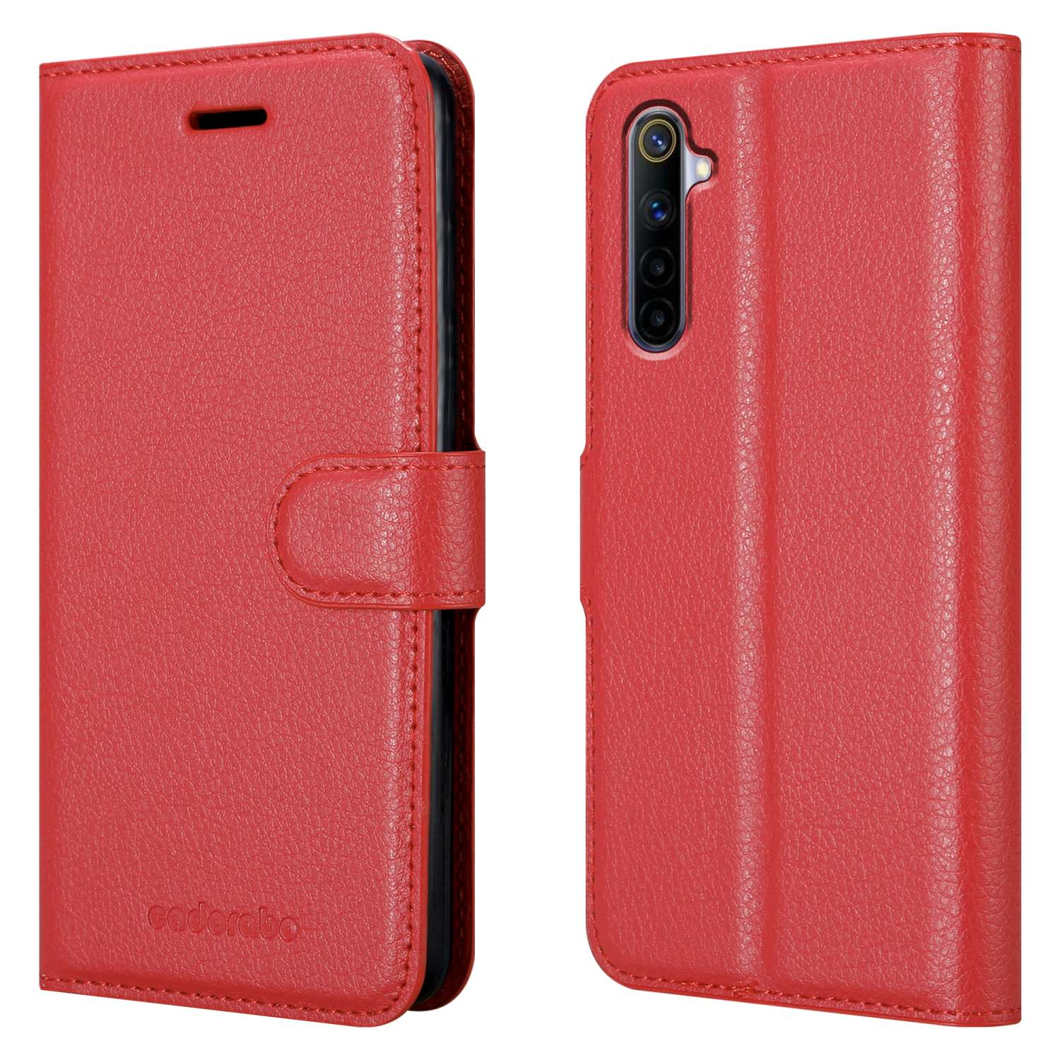 Custodia rossa per telefono, aperta, con patta. Include supporto per telefono.