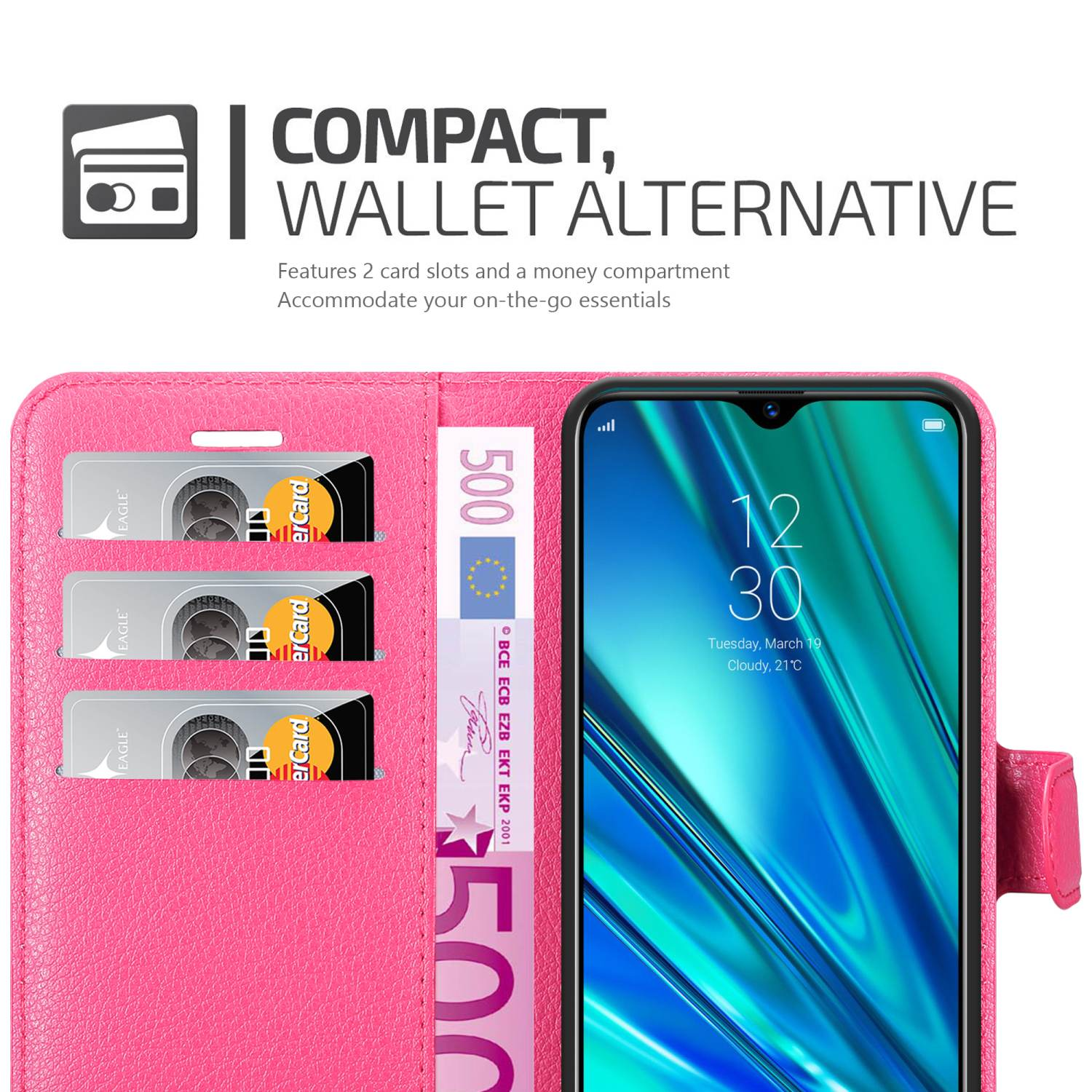 Custodia per telefono rosa aperta con telefono, carte e denaro.