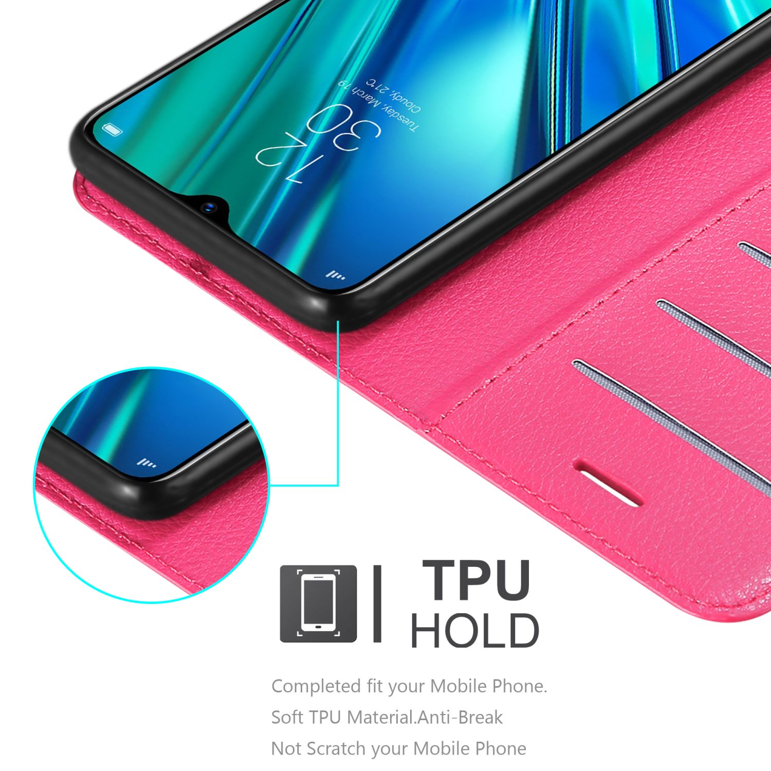 Una custodia rosa per telefono con un telefono dentro. Testo: TPU HOLD. Materiale TPU morbido.