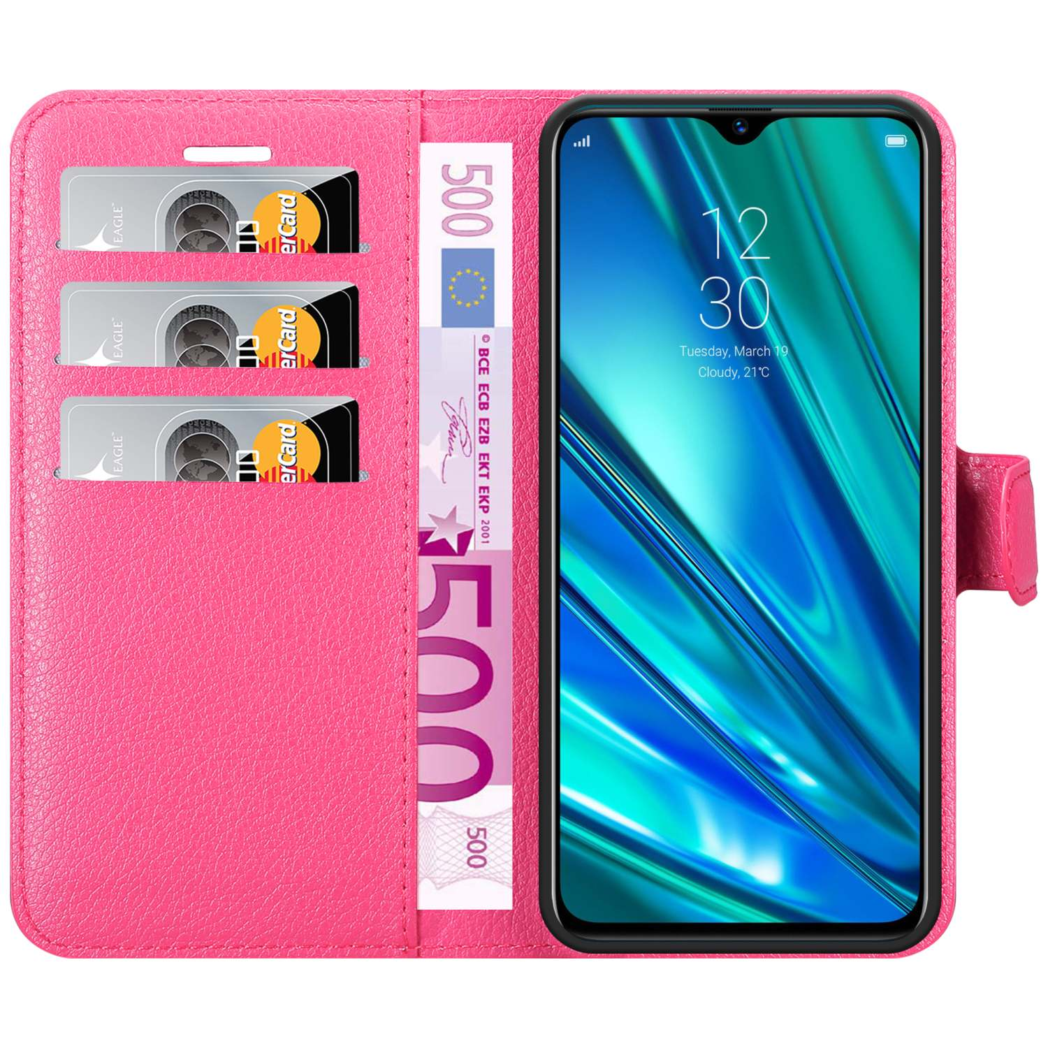 Custodia rosa con telefono, denaro e carte di credito.