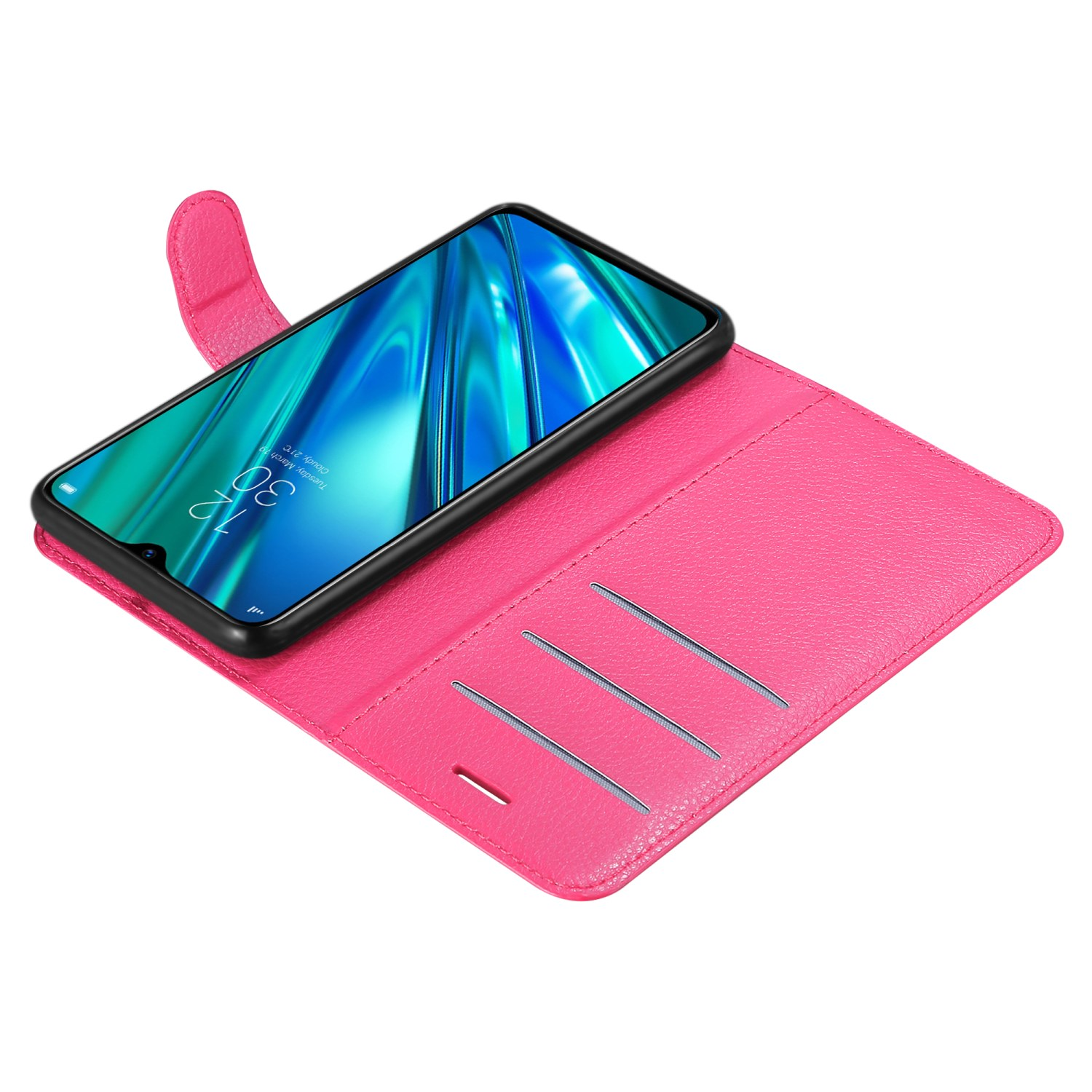 Custodia rosa con un telefono dentro. Lo schermo mostra una sfumatura blu, ora 12:32.