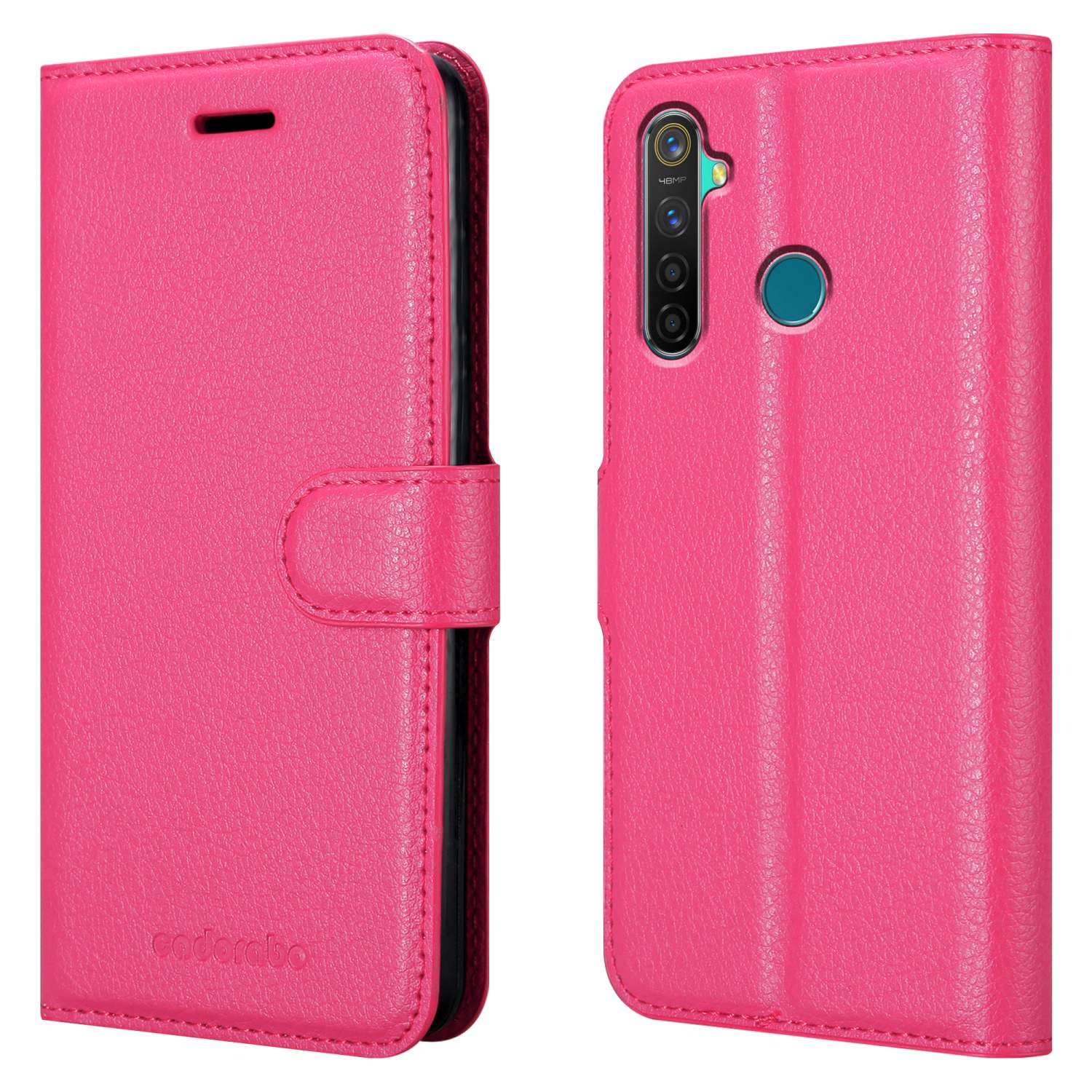 Custodia per telefono rosa. Custodia chiusa, che mostra il retro del telefono. Stile pelle. Il marchio è cadorabo.
