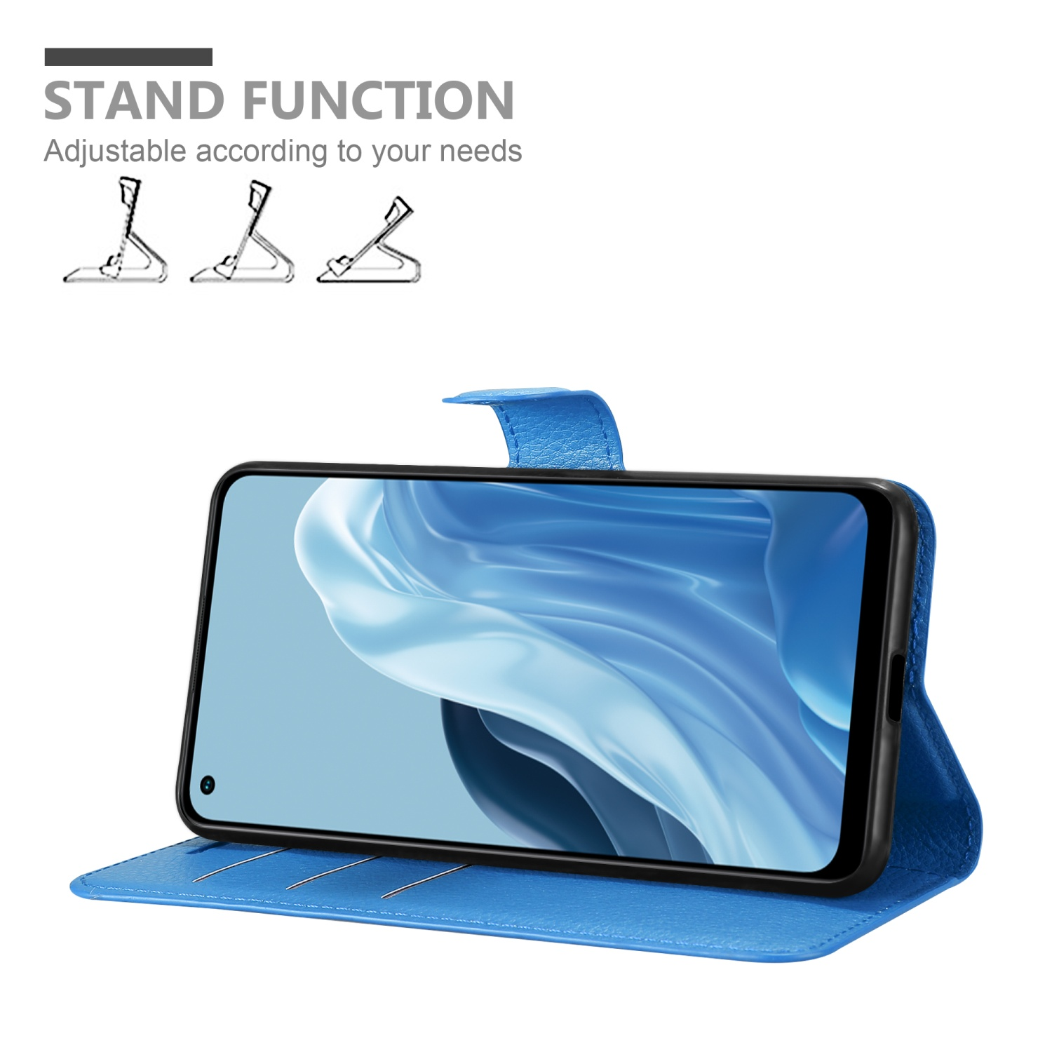Custodia blu con telefono all'interno, in piedi. Mostra i dettagli della funzione stand.