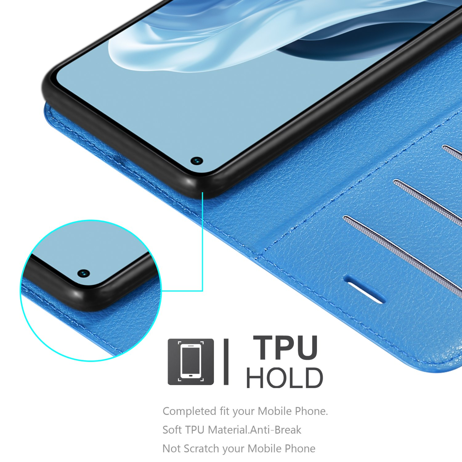 Custodia blu per telefono con un telefono all'interno. La custodia ha un supporto in TPU e un design anti-rottura.