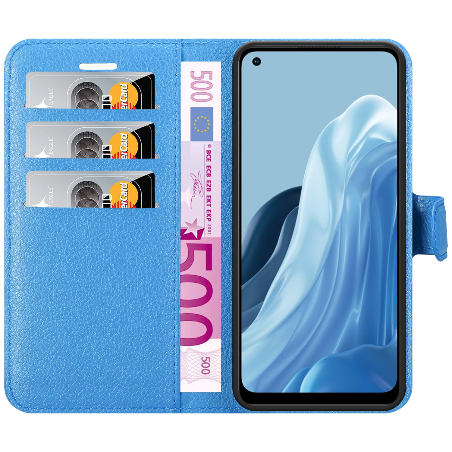 Custodia blu per telefono aperta. Telefono all'interno. Ci sono fessure per carte e denaro.