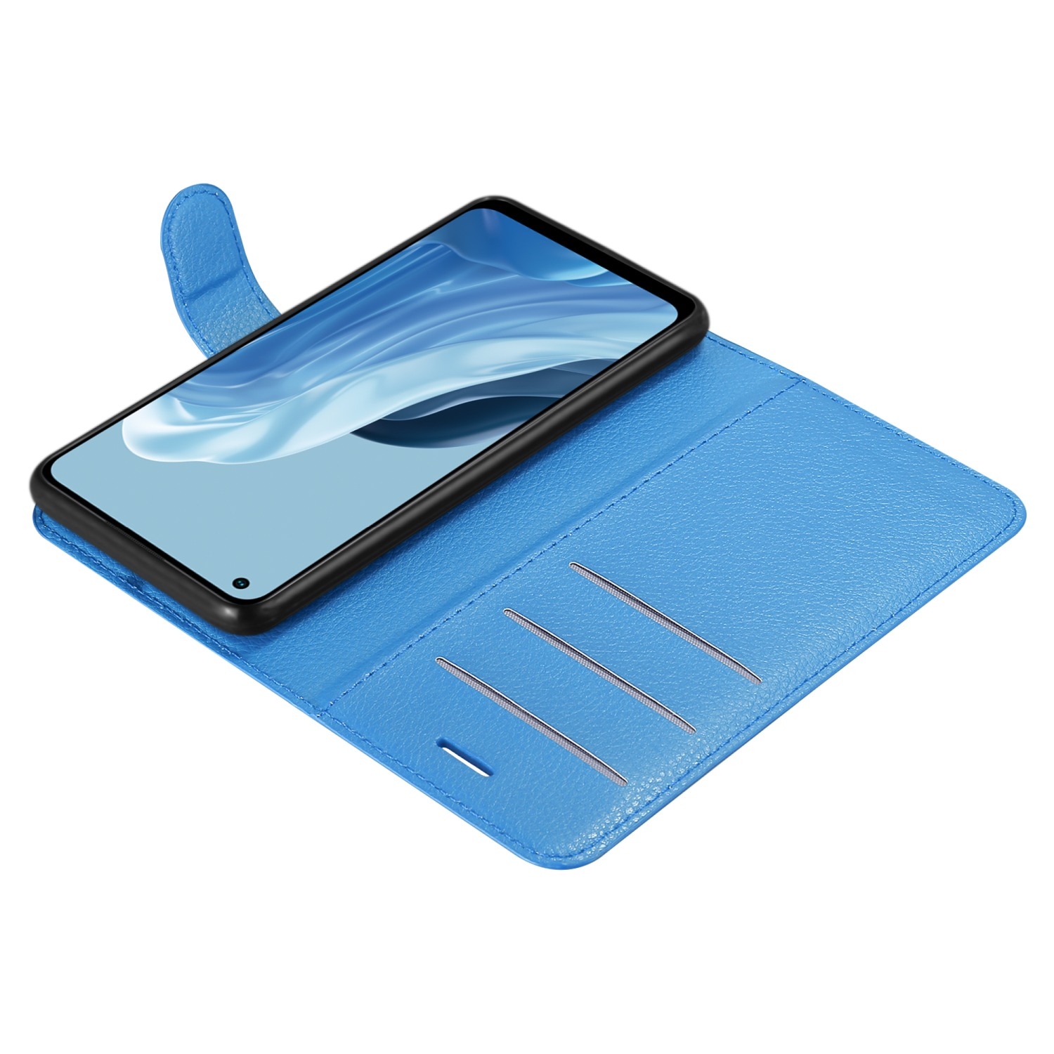 Una custodia blu per telefono con un telefono all'interno. Il telefono ha uno schermo.