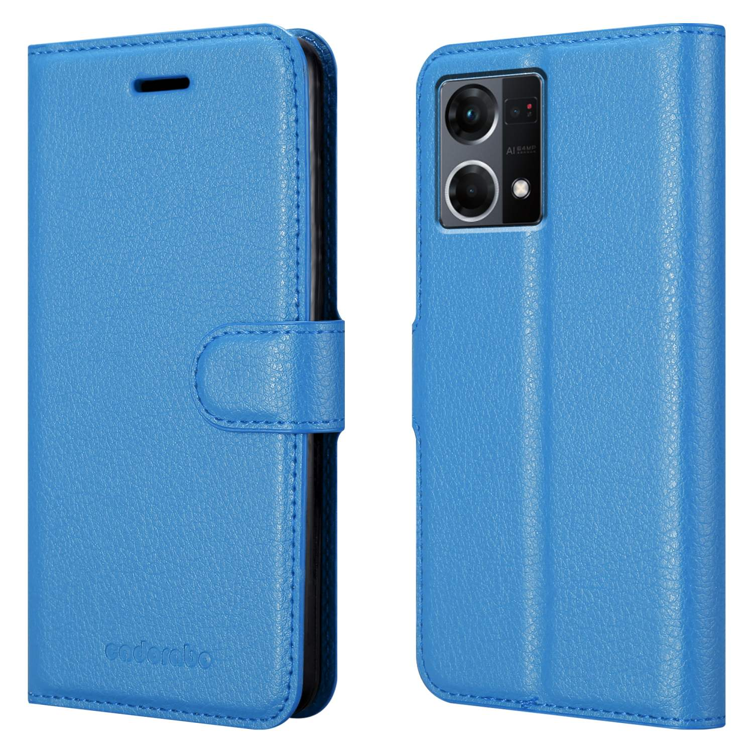Custodia per telefono in pelle blu, aperta e chiusa, mostra fotocamera e pulsanti.