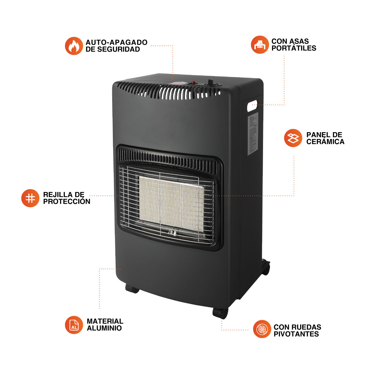 Un calefactor negro con características etiquetadas. Las características incluyen una parrilla, ruedas y funciones de seguridad.