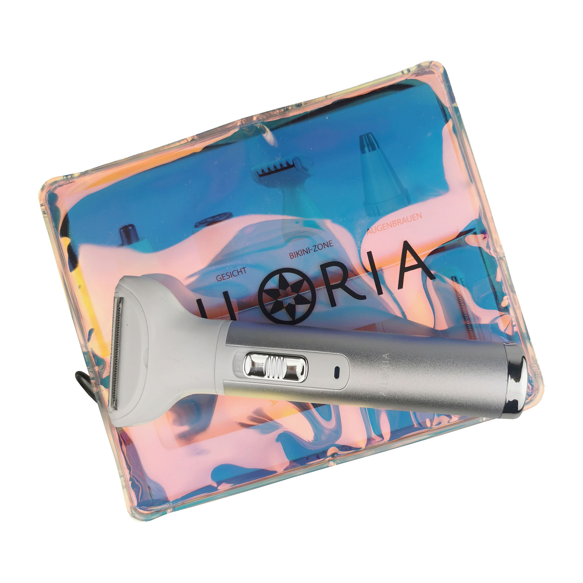 Depiladora plateada y blanca sobre una bolsa holográfica. Texto: 'Lloria'. Otros artículos también son visibles en la bolsa.